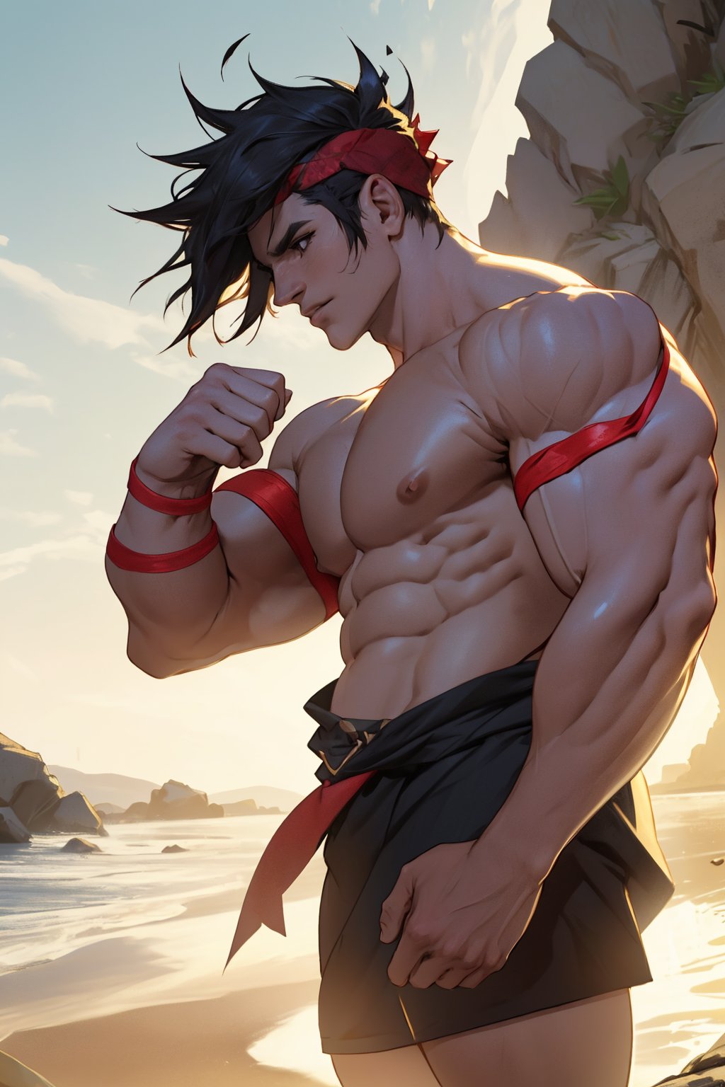 Close-up shot of Zagreus's chiseled physique, showcasing his broad chest, bulging biceps, and powerful shoulders, all exposed and gleaming in the warm golden light. The camera frames his muscular form against a neutral background, emphasizing the contours of his body as he stands confidently with his weight evenly distributed on both feet.