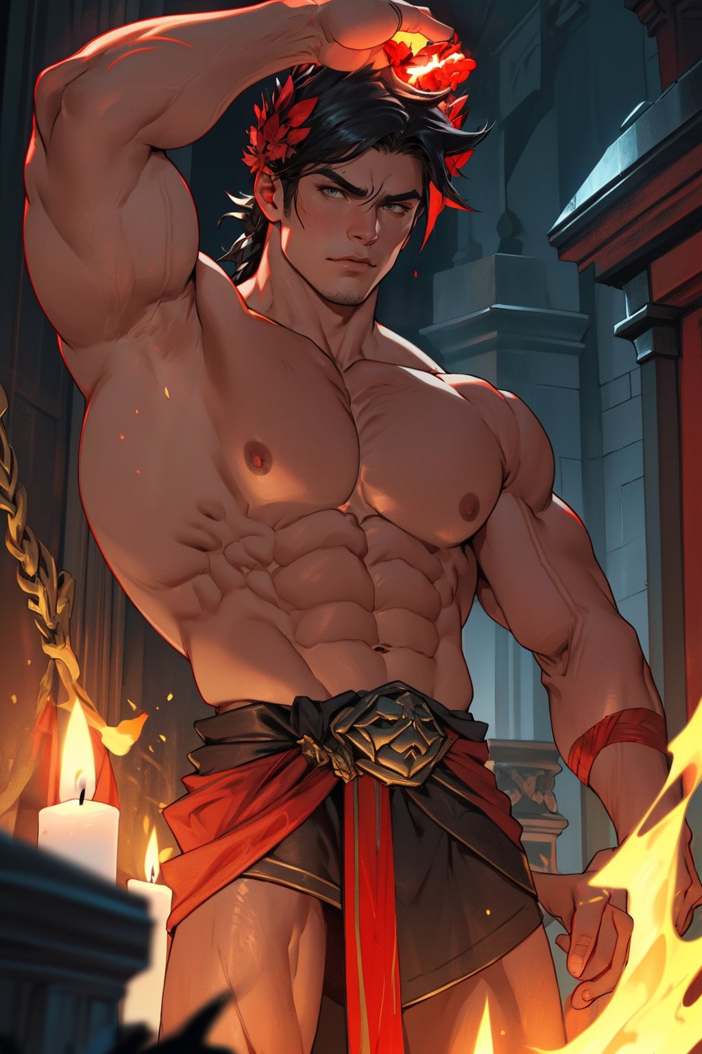 Close-up shot of Zagreus, a powerful demon from the Bloodstained series, standing tall with his chiseled physique prominent. Muscular arms flexed at his sides, broad shoulders squared, and a stern expression etched on his face. Dark red skin glistens in dimly lit surroundings, as if illuminated by flickering candles or torches.