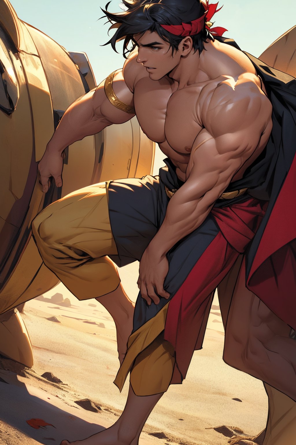 Close-up shot of Zagreus's chiseled physique, showcasing his broad chest, bulging biceps, and powerful shoulders, all exposed and gleaming in the warm golden light. The camera frames his muscular form against a neutral background, emphasizing the contours of his body as he stands confidently with his weight evenly distributed on both feet.