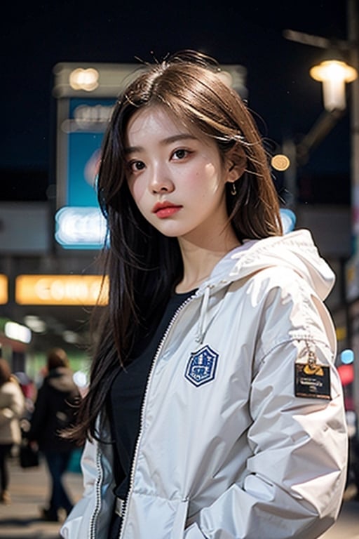 shopping_mall ,
Winter, light-colored down jacket,
beautiful 18 year old chinese girl, 
good posture, solo,
classy,

adventurous, 
shock, fierce, motivated 
feminine
portait
sweaty
modest,
sweet,
portrait, 50mm, film grain, bokeh, closeup,full_body,
long hair,ear_rings,
blue sky,girl,fair and smooth skin,masterpiece