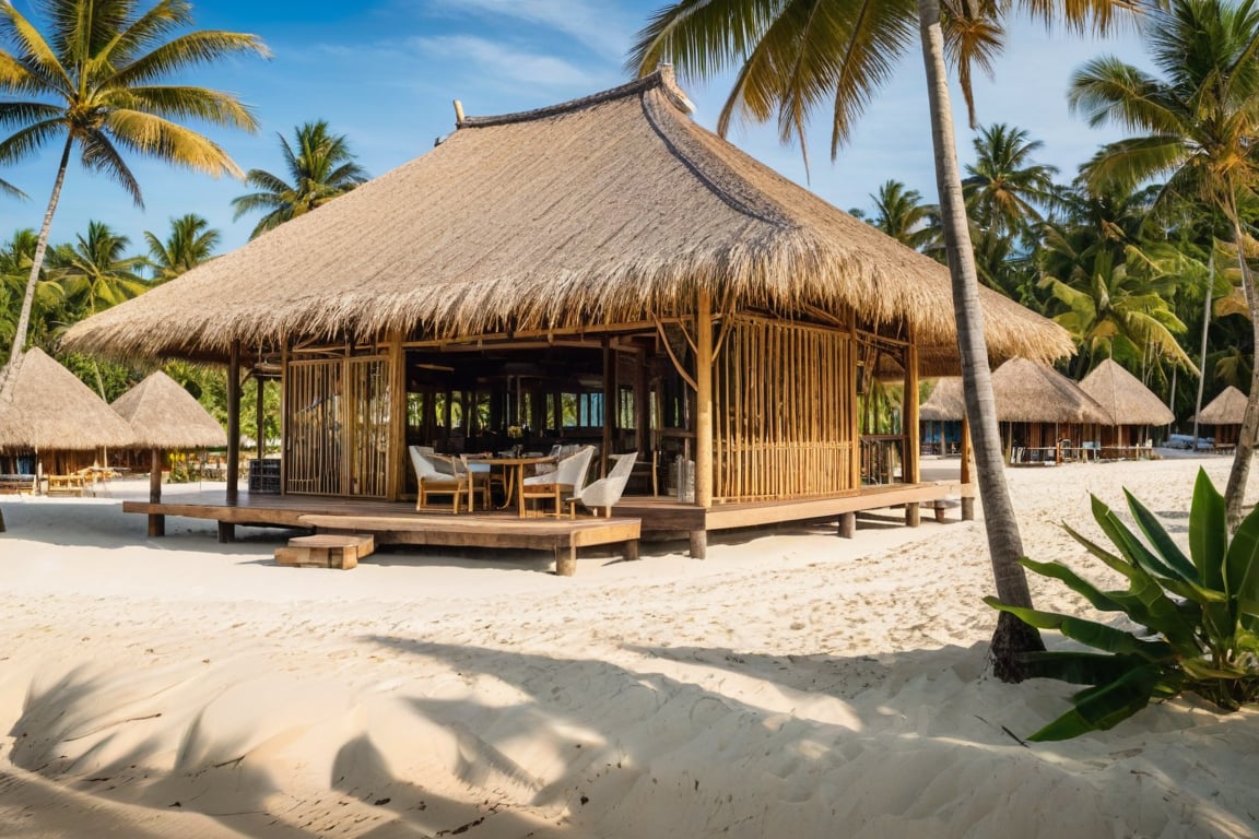 there is a thatched hut on the beach with chairs and tables, beach bar, (bamboo column), in a beachfront environment, bamboo huts, beach setting, wonderful masterpiece, restaurant in background, inspiring, thatched roof, un restaurant avec une terrasse, tropical location, thatched roofs, exterior shot, pavilion, awe - inspiring award - winning, vincent callebaut Rural house in sounth Vietnam, (day:1.1), coconut tree, tree in sounth Vietnam, tropical plants, light interior, warm lighting, blue sky, bokeh, soft light effects, morning mist, serene mood Raw photo,Masterpiece, high quality, best quality, authentic, super detail,