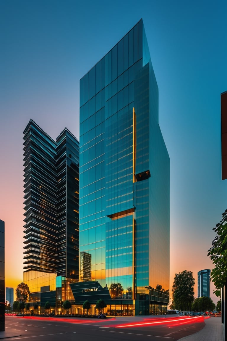 luxury glass office building, luxury shopping mall at podium, (glass facade with high reflection:1.2), (sunset time:1.2), plenty of cars and people, luxury ambience, luxury building surrounding, (neon light outline the building:1.2), (neon light on the street:1.2), (bright lighting at parapet:1.4), warm lighting, (plenty of high trees in front of building and surrounding:1.2) enhance the background with an artistic touch that reflects the beauty of nature RAW Photo, RAW texture, super realistic, 32K UHD, DSLR, soft lighting, high quality, film rating, Fujifilm XT3 