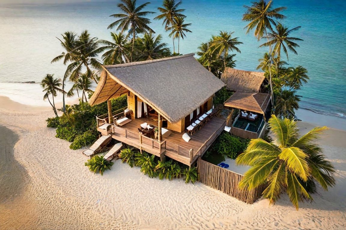 there is a thatched hut on the beach with chairs and tables, beach bar, (bamboo column), in a beachfront environment, bamboo huts, beach setting, wonderful masterpiece, restaurant in background, inspiring, thatched roof, un restaurant avec une terrasse, tropical location, thatched roofs, exterior shot, pavilion, awe - inspiring award - winning, vincent callebaut Rural house in sounth Vietnam, (day:1.1), coconut tree, tree in sounth Vietnam, tropical plants, light interior, warm lighting, blue sky, bokeh, soft light effects, morning mist, serene mood Raw photo,Masterpiece, high quality, best quality, authentic, super detail,