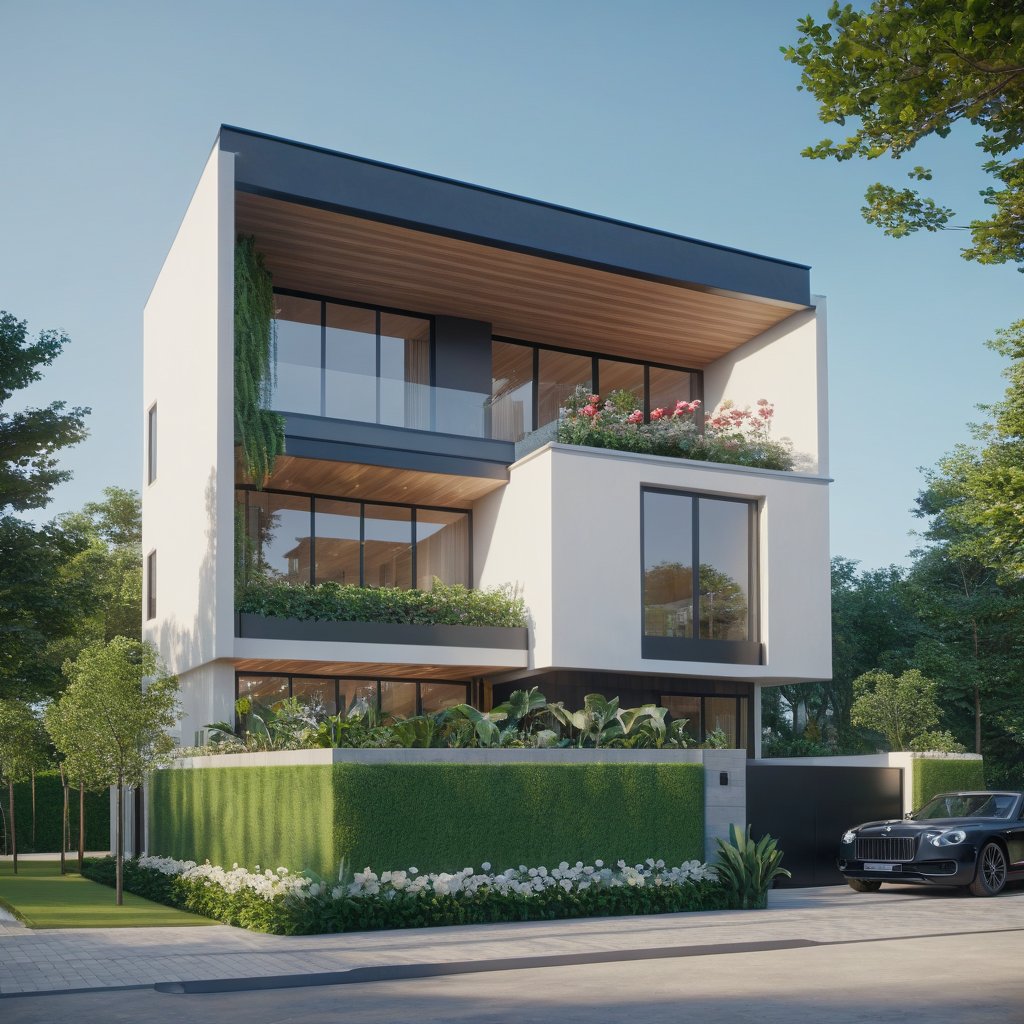 (masterpiece),(high quality), best quality, real,(realistic), super detailed, (full detail),(4k),8k,modern house exterior design,Modern architecture,Beautiful_sky,Day light, no_humans, outdoors,sky,tree,Garden flower front of building, ARIEL VIEW