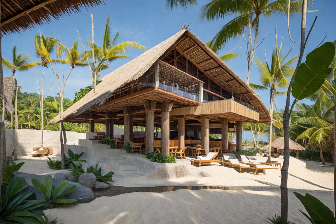 there is a thatched hut on the beach with chairs and tables, beach bar, (bamboo column), in a beachfront environment, bamboo huts, beach setting, wonderful masterpiece, restaurant in background, inspiring, thatched roof, un restaurant avec une terrasse, tropical location, thatched roofs, exterior shot, pavilion, awe - inspiring award - winning, vincent callebaut Rural house in sounth Vietnam, (day:1.1), coconut tree, tree in sounth Vietnam, tropical plants, light interior, warm lighting, blue sky, bokeh, soft light effects, morning mist, serene mood Raw photo,Masterpiece, high quality, best quality, authentic, super detail,