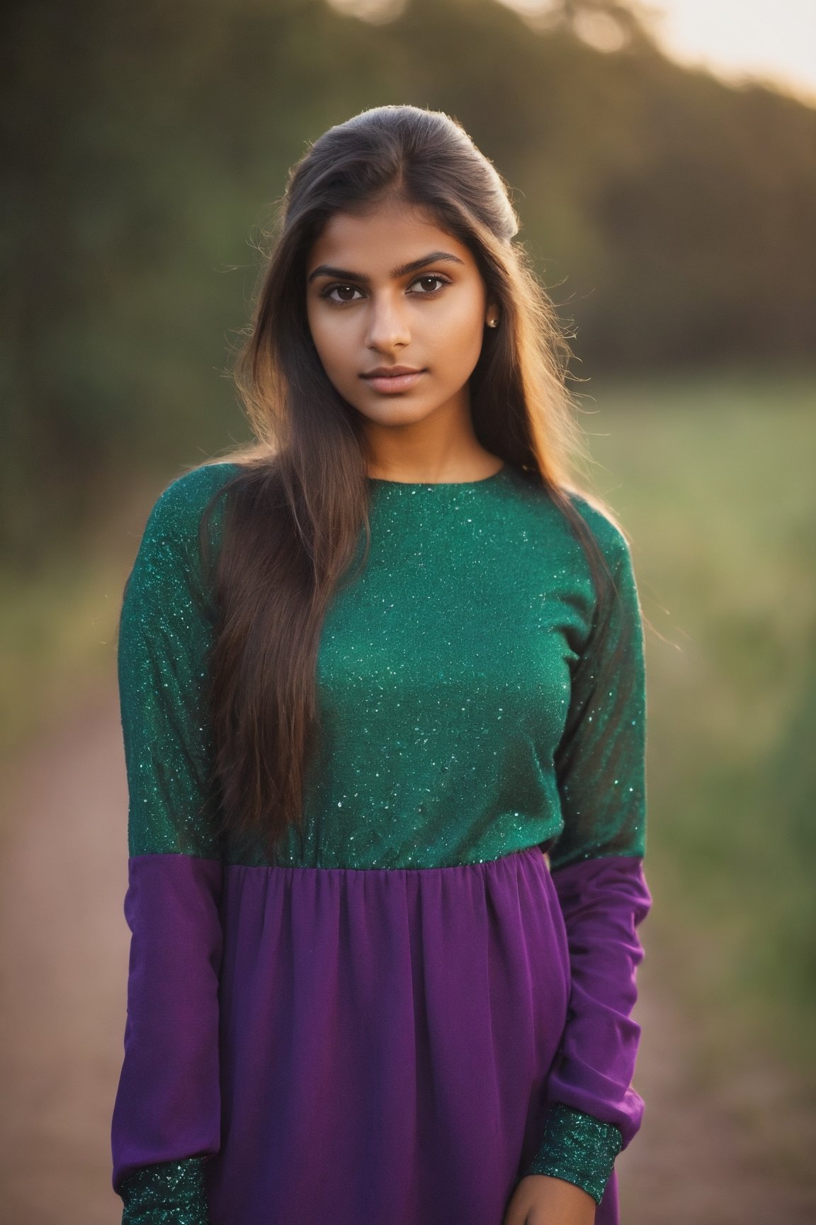 Indian Girl, 20 year old, Hasselblad Award Winner, 50mm, a very cute finnish girl, Diffrent modelling pose, front facing, pony hair, loving, confident, sparkling yes, Dark Brown half-up half-down hairstyle , glossy buff skin texture, sweet and tender girl, adorable face, warm light, long sleeve seagreen dress with purple flowers Print,