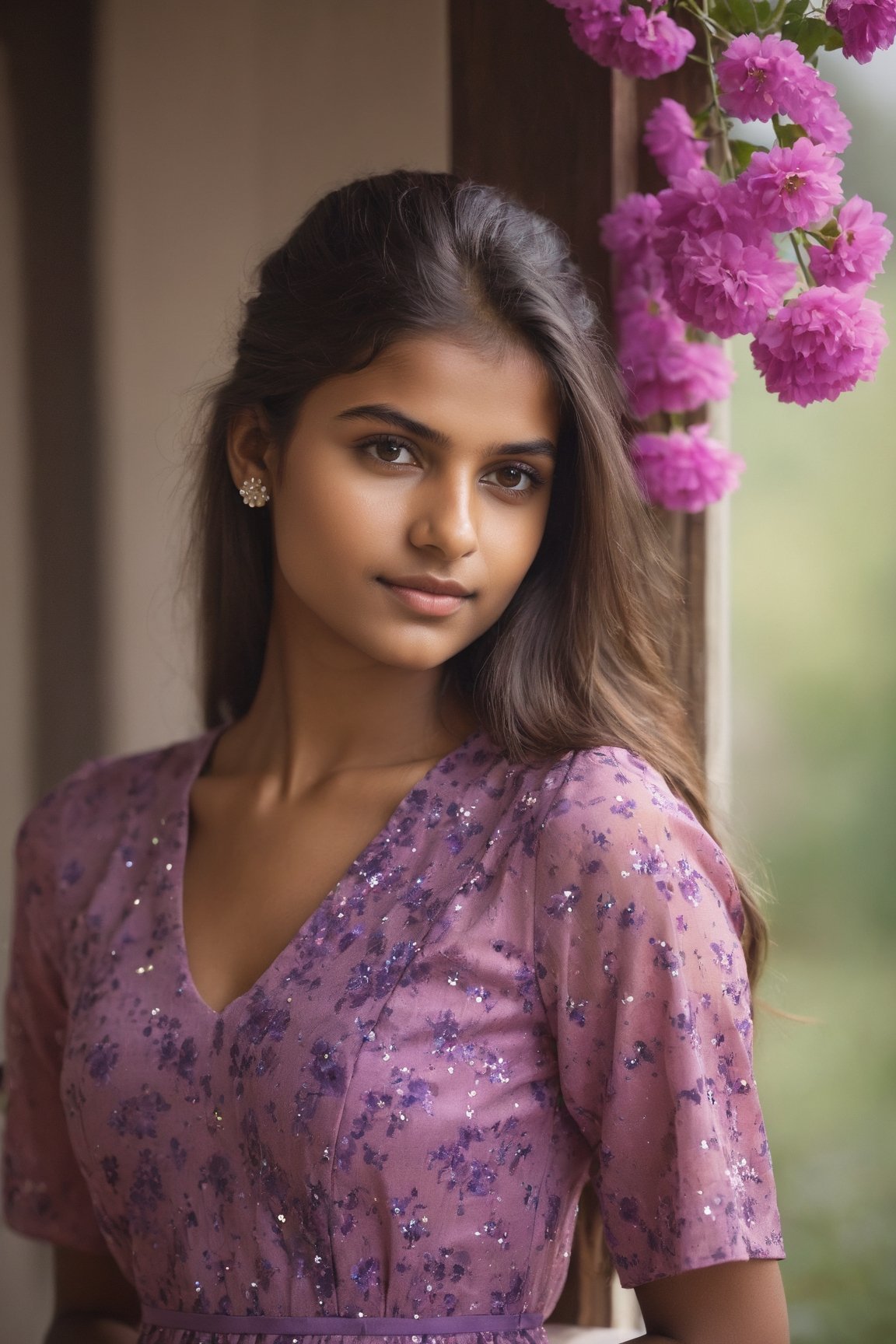 Indian Girl, 20 year old, Hasselblad Award Winner, 50mm, a very cute finnish girl, Diffrent modelling pose, front facing, pony hair, loving, confident, sparkling yes, Dark Brown half-up half-down hairstyle , glossy buff skin texture, sweet and tender girl, adorable face, warm light, half sleeve Pink dress with purple flowers Print,