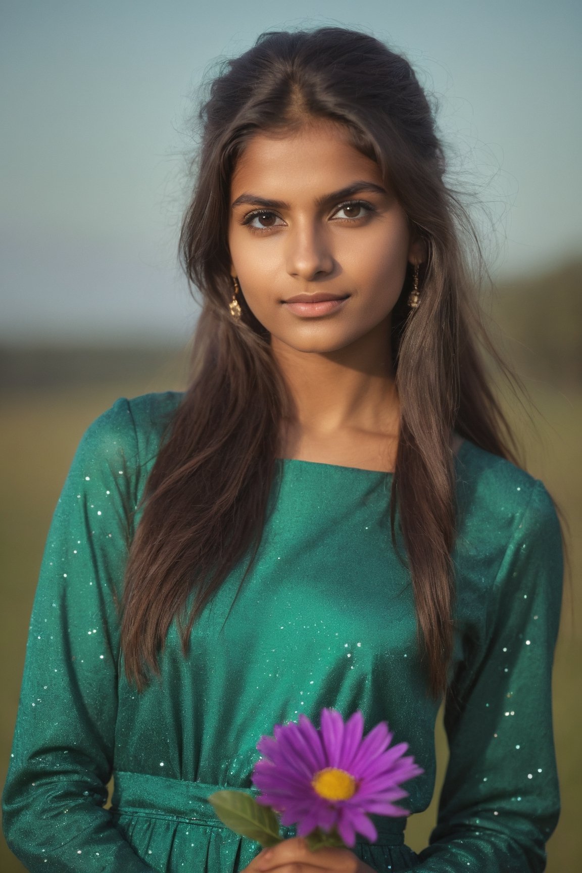 Indian Girl, 20 year old, Hasselblad Award Winner, 50mm, a very cute finnish girl, Diffrent modelling pose, front facing, pony hair, loving, confident, sparkling yes, Dark Brown half-up half-down hairstyle , glossy buff skin texture, sweet and tender girl, adorable face, warm light, long sleeve seagreen dress with purple flowers Print,