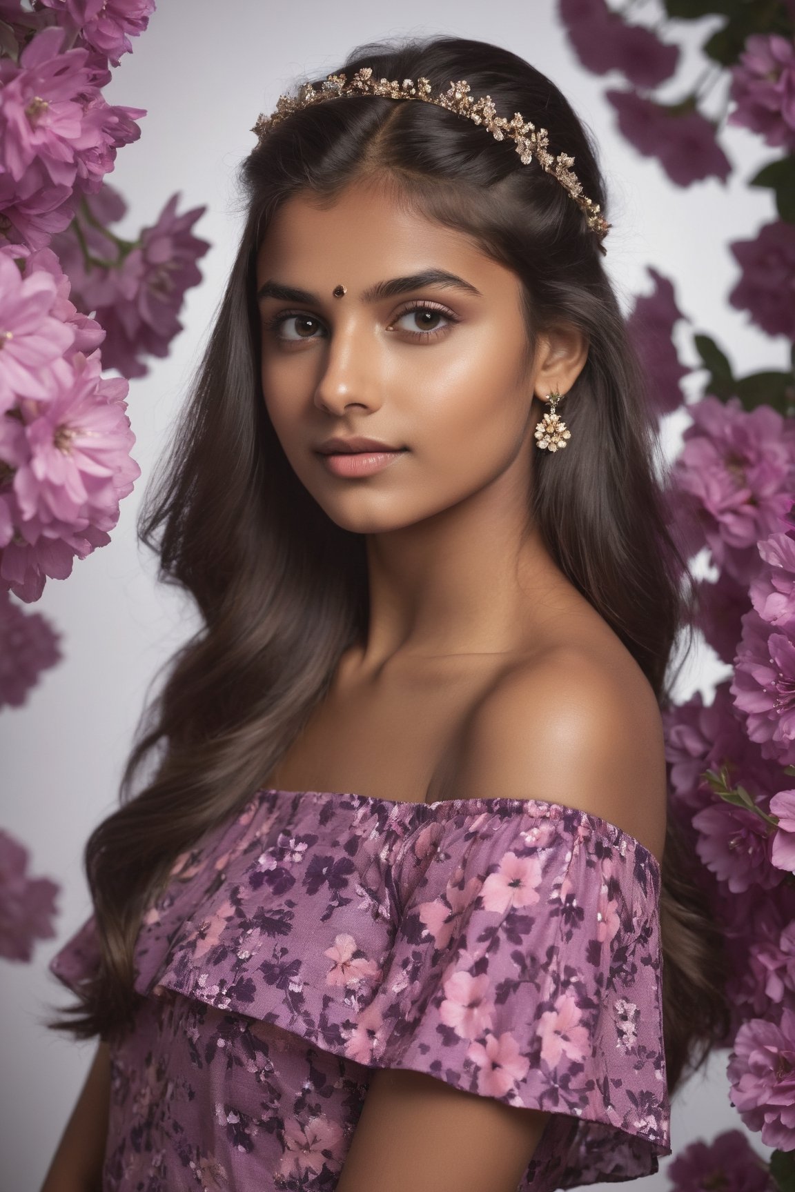 Indian Girl, 20 year old, Hasselblad Award Winner, 50mm, a very cute finnish girl, Diffrent modelling pose, front facing, pony hair, loving, confident, sparkling yes, Dark Brown half-up half-down hairstyle , glossy buff skin texture, sweet and tender girl, adorable face, warm light, half sleeve Pink dress with purple flowers Print,