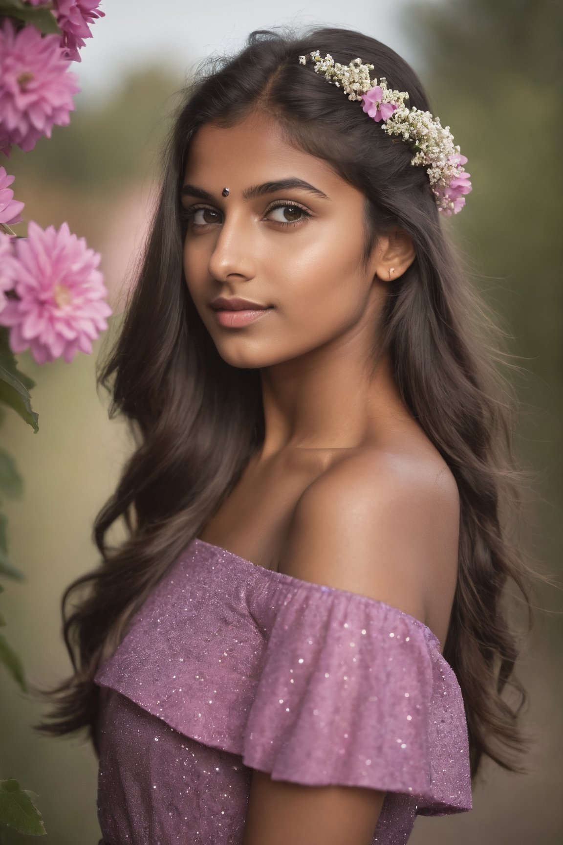 Indian Girl, 20 year old, Hasselblad Award Winner, 50mm, a very cute finnish girl, Diffrent modelling pose, front right facing, pony hair, loving, confident, sparkling yes, Dark Brown half-up half-down hairstyle , glossy buff skin texture, sweet and tender girl, adorable face, warm light, half sleeve pink dress with purple flowers Print,