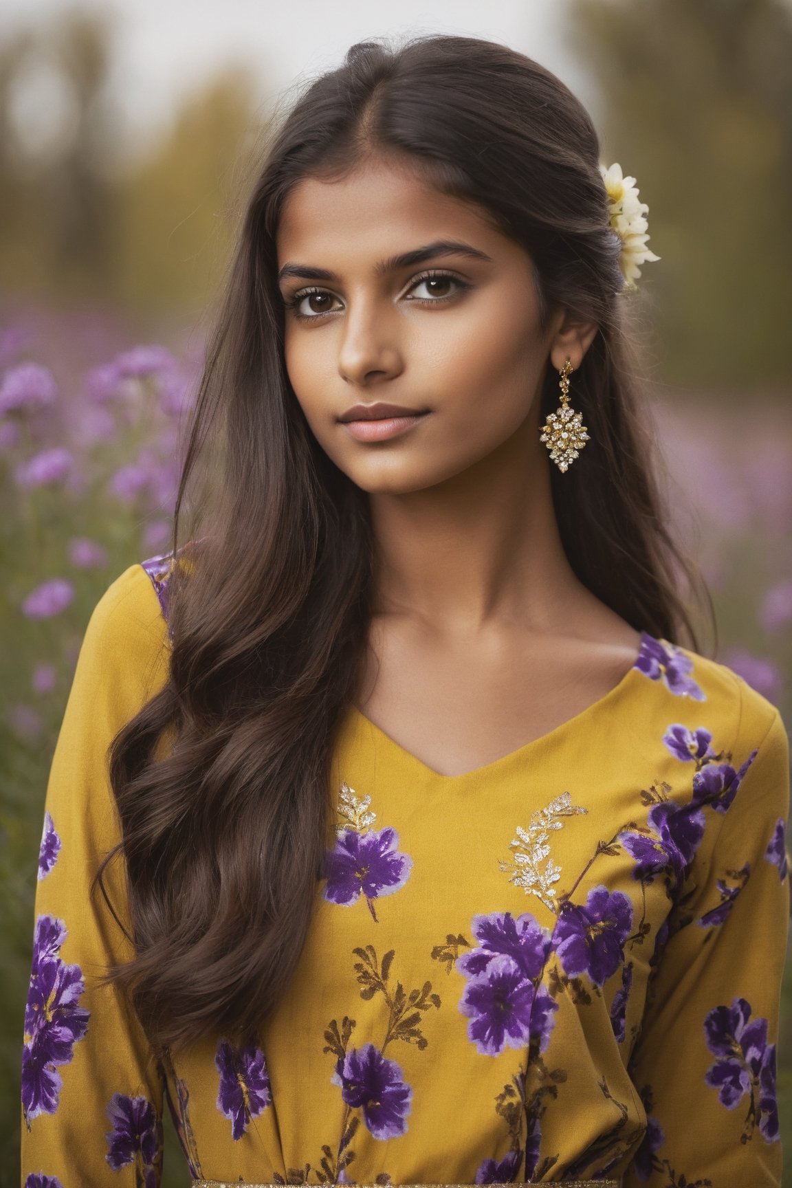 Indian Girl, 20 year old, Hasselblad Award Winner, 50mm, a very cute finnish girl, Diffrent modelling pose, front facing, pony hair, loving, confident, sparkling yes, Dark Brown half-up half-down hairstyle , glossy buff skin texture, sweet and tender girl, adorable face, warm light, long sleeve Yellow dress with purple flowers Print,