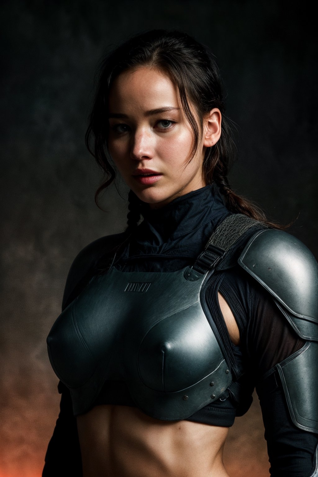 Jennifer Lawrence from the Hunger Game, breast cut clothes,big tits, colorful, darl background,black armor,holding a bow,green theme,exposure blend, medium shot, bokeh, (hdr:1.4), high contrast, (cinematic, teal and orange:0.85), (muted colors, dim colors, soothing tones:1.3), low saturation,realistic