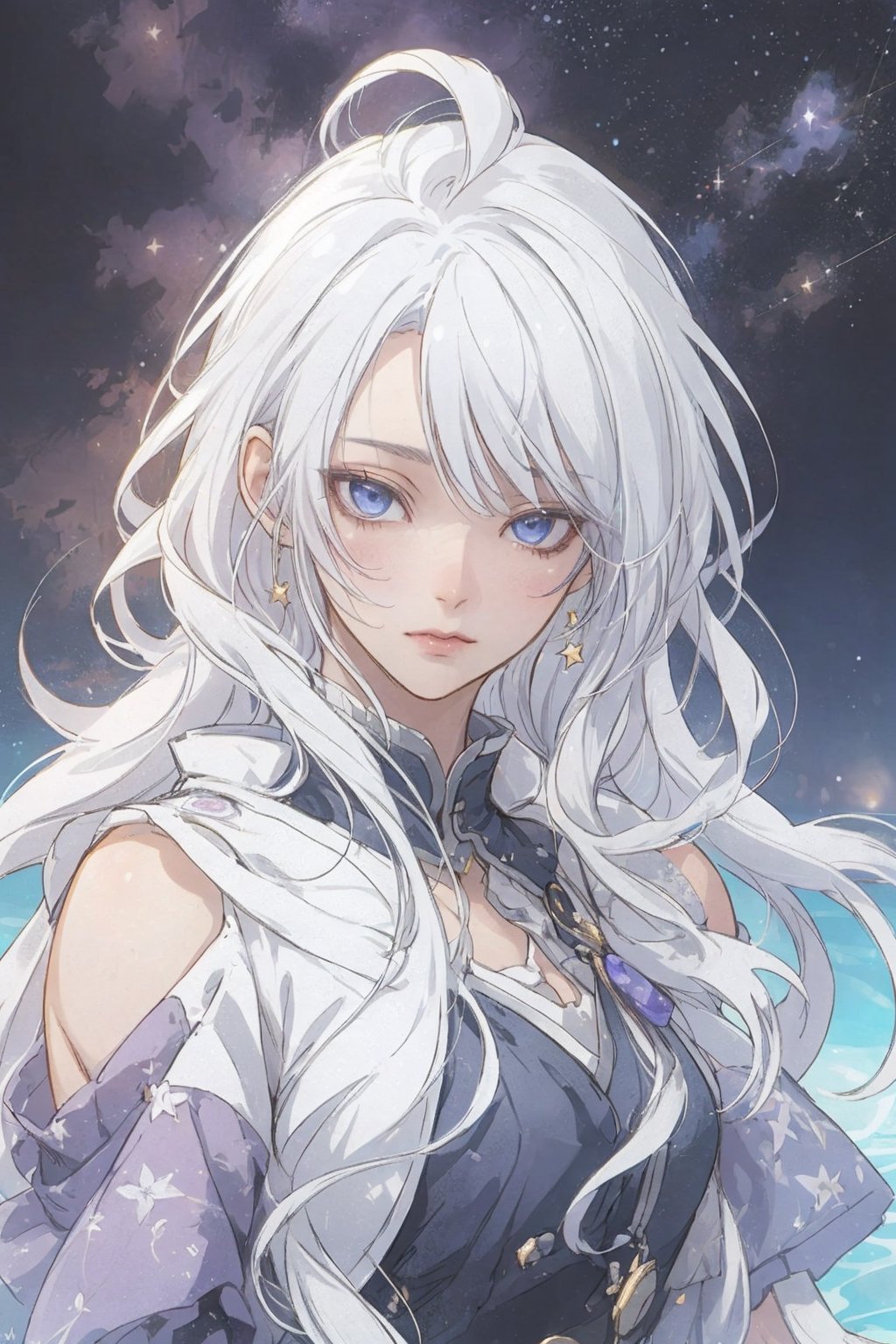 masterpiece, best quality, illustration, stars in the eyes,dishevelled hair,Starry sky adorns hair,1 girl,sparkling anime eyes,beautiful detailed eyes, beautiful detailed stars,blighting stars,emerging dark purple across with white hair,multicolored hair,beautiful detailed eyes,beautiful detailed sky, beautiful detailed water, cinematic lighting, dramatic angle,