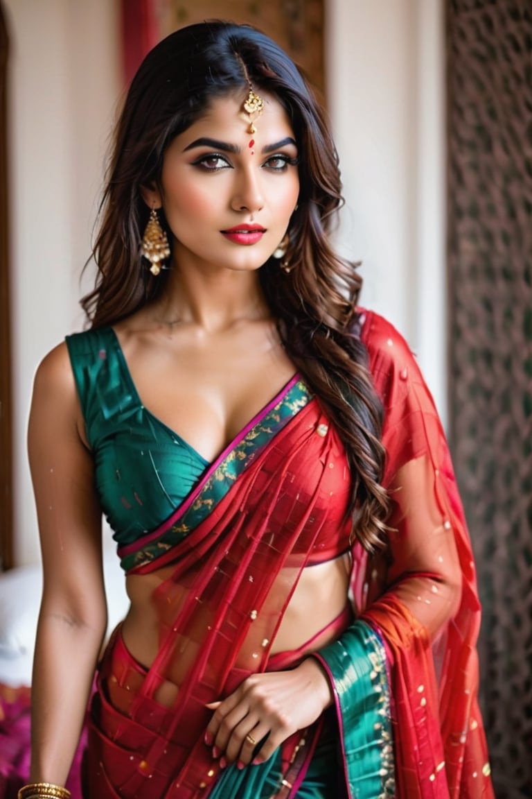 An alluring Indian model posing seductively on a bed of red satin, her body arched and curves accentuated by the soft folds of the luxurious fabric. Her long, dark hair cascades over one shoulder, framing her flawless olive skin. She wears a traditional Indian sari, its vibrant colors and intricate embroidery contrasting beautifully with her caramel complexion. The sari is draped sensually across her left shoulder, revealing a tantalizing glimpse of her supple midriff, and is held in place by a jeweled belt at her waist.  A ruby-encrusted nose ring adorns her nose, adding an exotic touch to her already captivating features. Her lips are painted a deep shade of red, matching the color of the satin beneath her. The model's expression is one of sultry confidence, her eyes locked on the viewer, inviting them into her world of sensuality and allure.