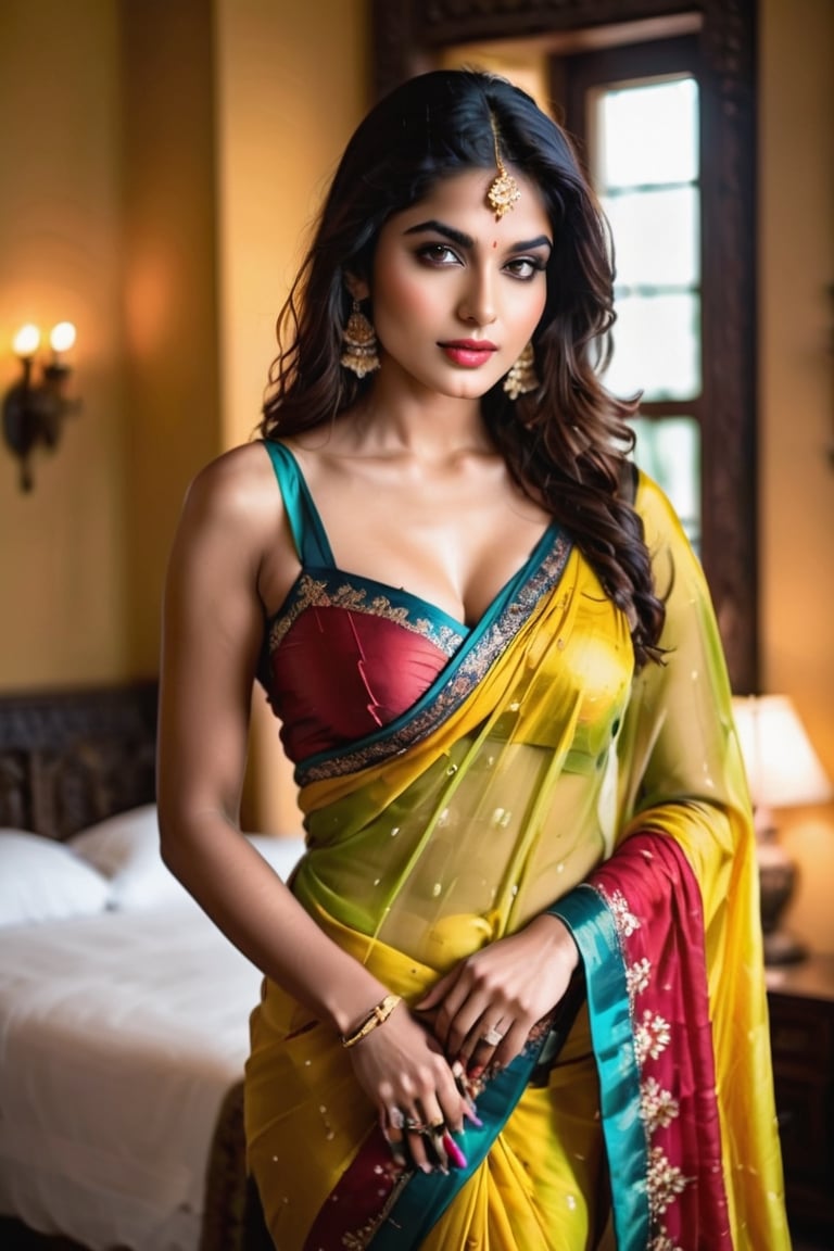 An alluring Indian model posing seductively on a bed of yellow satin, her body arched and curves accentuated by the soft folds of the luxurious fabric. Her long, dark hair cascades over one shoulder, framing her flawless olive skin. She wears a traditional Indian sari, its vibrant colors and intricate embroidery contrasting beautifully with her caramel complexion. The sari is draped sensually across her left shoulder, revealing a tantalizing glimpse of her supple midriff, and is held in place by a jeweled belt at her waist.  A ruby-encrusted nose ring adorns her nose, adding an exotic touch to her already captivating features. Her lips are painted a deep shade of red, matching the color of the satin beneath her. The model's expression is one of sultry confidence, her eyes locked on the viewer, inviting them into her world of sensuality and allure.