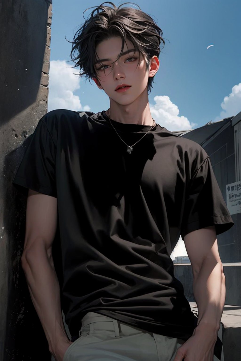 Highly detailed, High Quality, Masterpiece, Beutiful, (Medium long shot) ,anime, boy, Goyo satoru,gojou satoru, In a sexy position, wearing a black t-shirt, white baggy pants, with red lips, pale skin and sky-colored eyes, with a half realistic style,gojo satoru