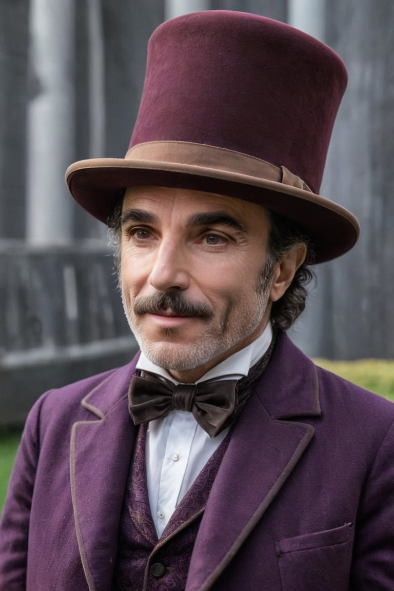 Daniel Day-Lewis as Willy Wonka, Daniel Day Lewis, Willy Wonka, depth of field, cinematic, top hat, photorealistic, 32k UHD, HDR photo