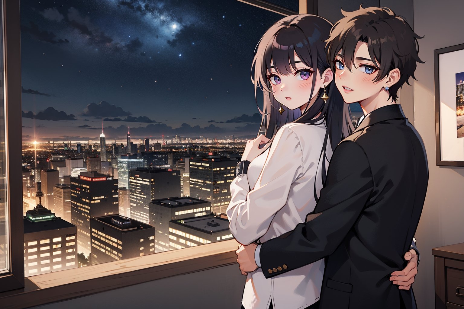 1girl, 1boy, long_hair, hug, night, black_hair, Man_hugs_girl_from_behind, shirt, hetero, looking_at_viewer, brown_hair, night_sky, couple, sky, long_sleeves, jewelry, earrings, cityscape,