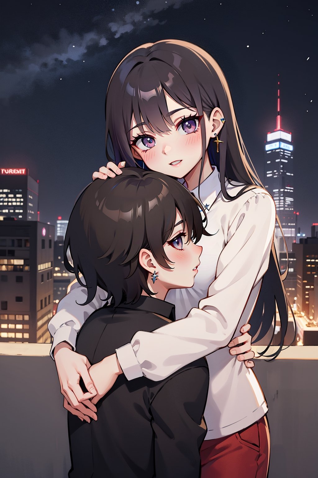 1girl, 1boy, long_hair, hug, night, black_hair, Man_hugs_girl_from_behind, shirt, hetero, looking_at_viewer, brown_hair, night_sky, couple, sky, long_sleeves, jewelry, earrings, cityscape,