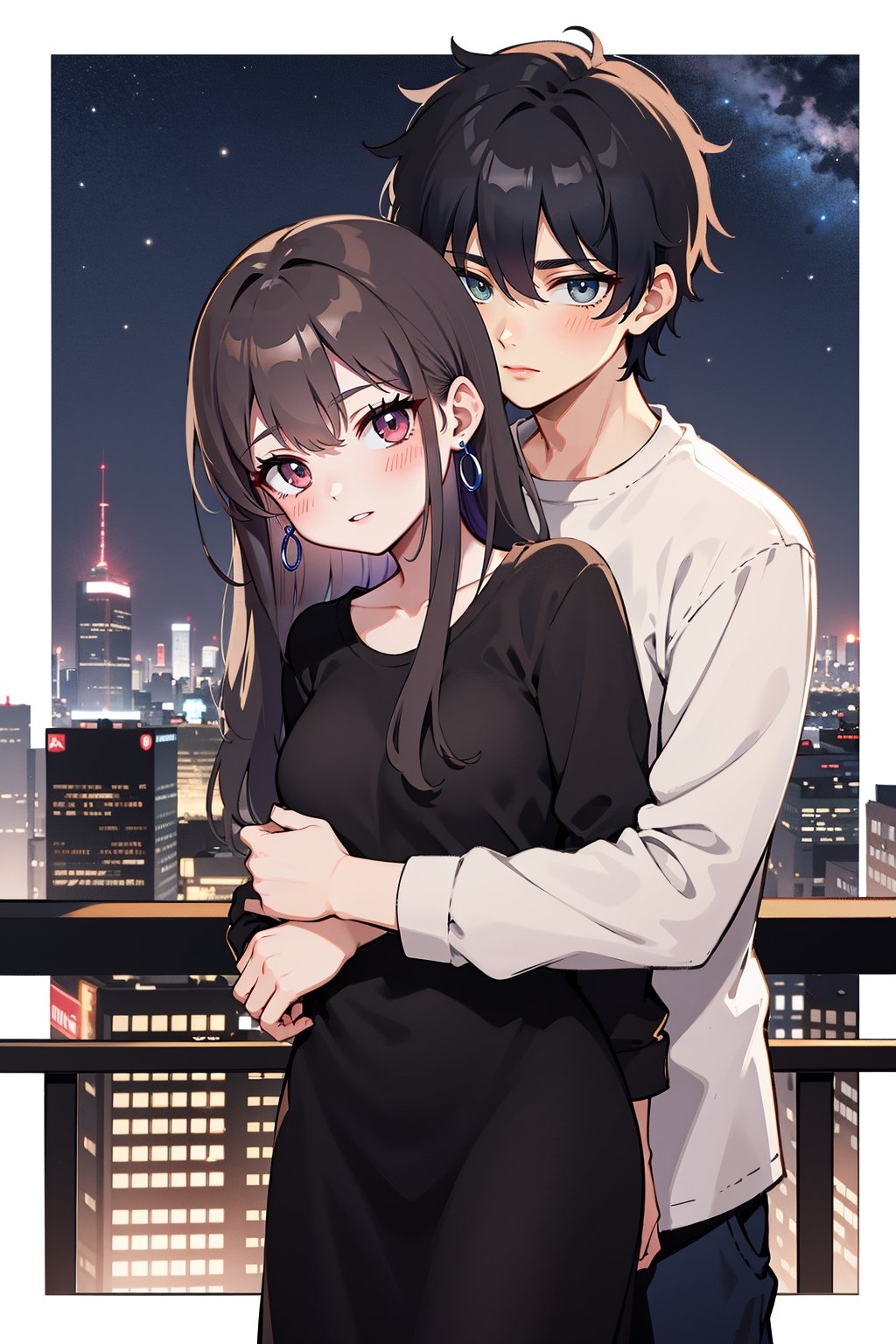 1girl, 1boy, long_hair, hug, night, black_hair, Man_hugs_girl_from_behind, shirt, hetero, looking_at_viewer, brown_hair, night_sky, couple, sky, long_sleeves, jewelry, earrings, cityscape,