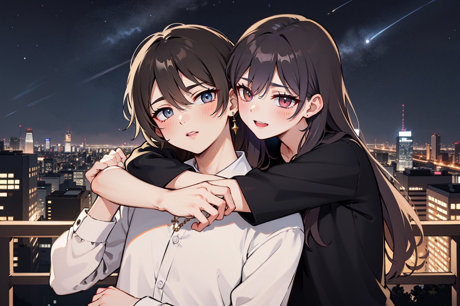 1girl, 1boy, long_hair, hug, night, black_hair, Man_hugs_girl_from_behind, shirt, hetero, looking_at_viewer, brown_hair, night_sky, couple, sky, long_sleeves, jewelry, earrings, cityscape,