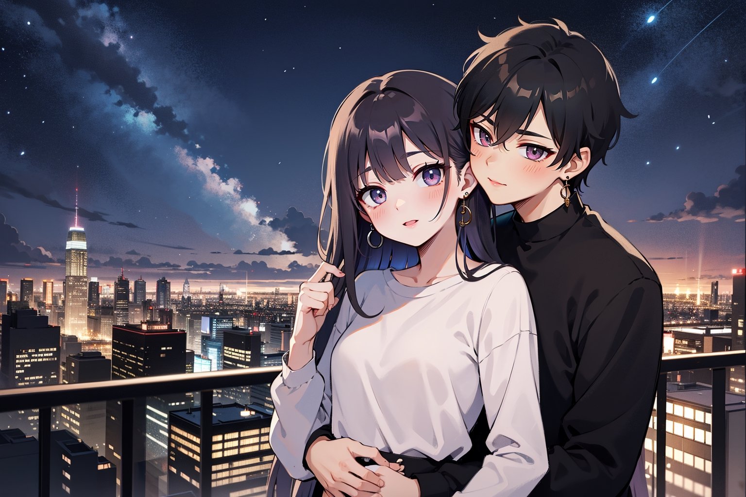 1girl, 1boy, long_hair, hug, night, black_hair, Man_hugs_girl_from_behind, shirt, hetero, looking_at_viewer, brown_hair, night_sky, couple, sky, long_sleeves, jewelry, earrings, cityscape,