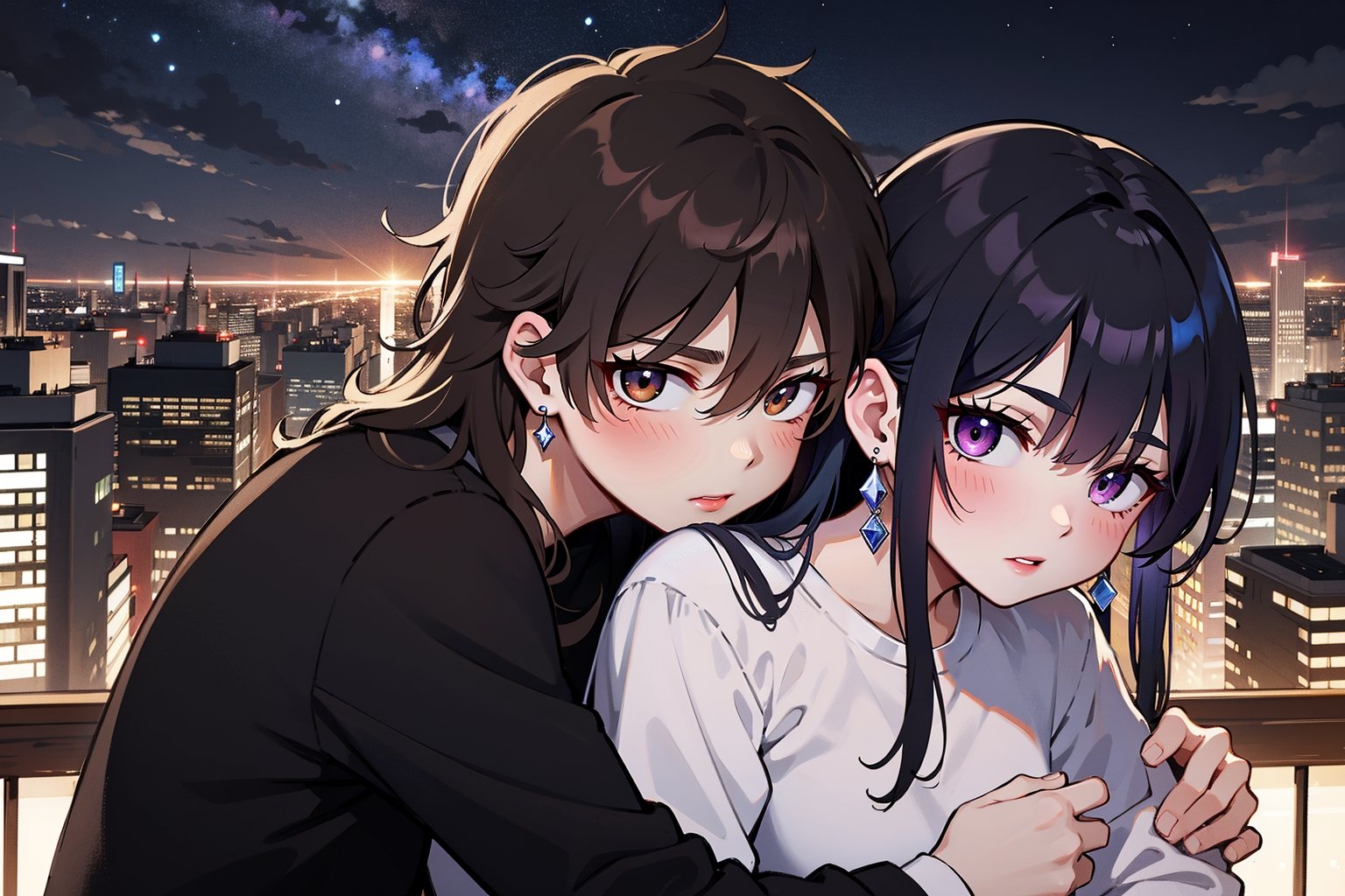 1girl, 1boy, long_hair, hug, night, black_hair, Man_hugs_girl_from_behind, shirt, hetero, looking_at_viewer, brown_hair, night_sky, couple, sky, long_sleeves, jewelry, earrings, cityscape,