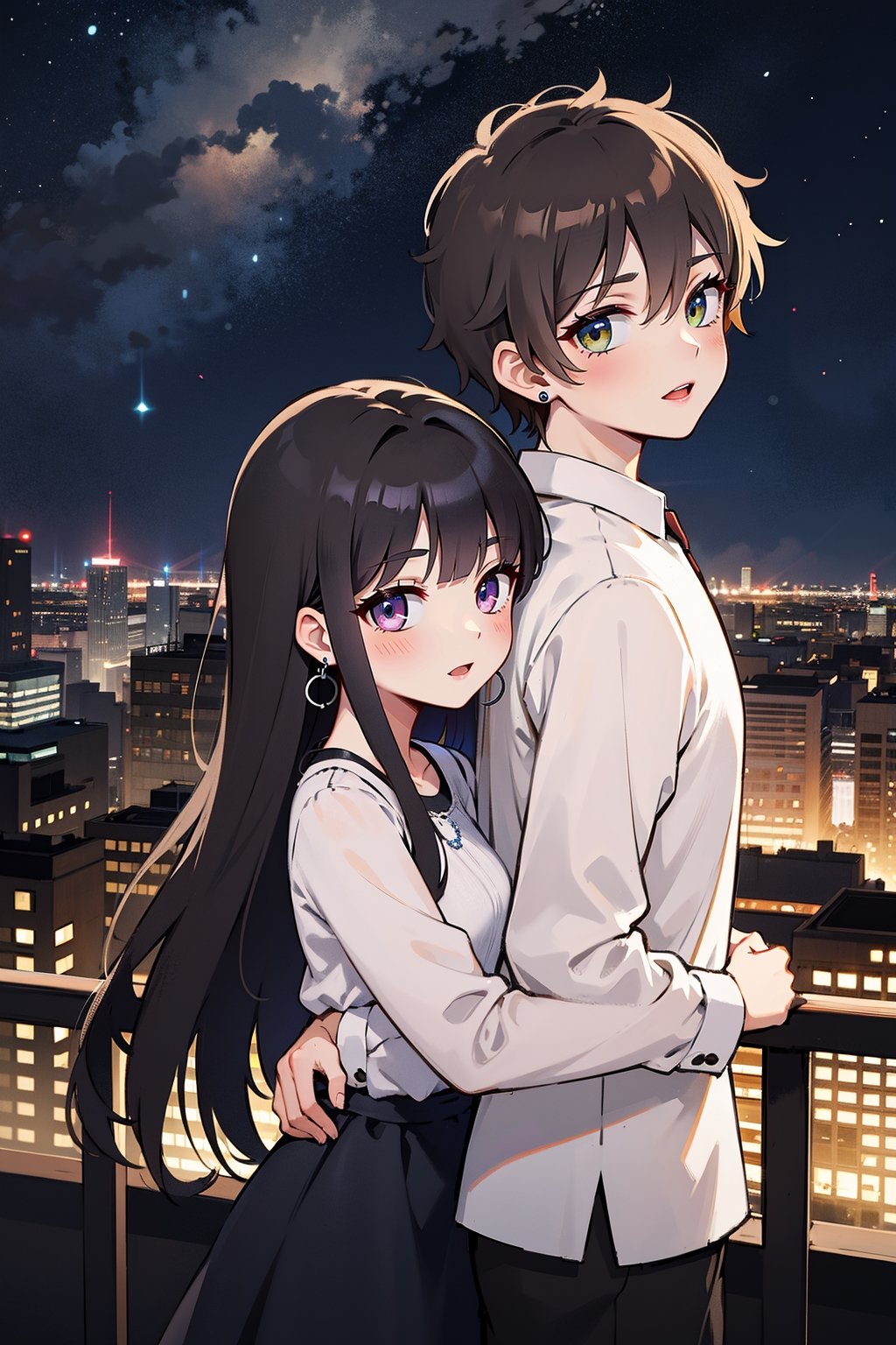 1girl, 1boy, long_hair, hug, night, black_hair, Man_hugs_girl_from_behind, shirt, hetero, looking_at_viewer, brown_hair, night_sky, couple, sky, long_sleeves, jewelry, earrings, cityscape,