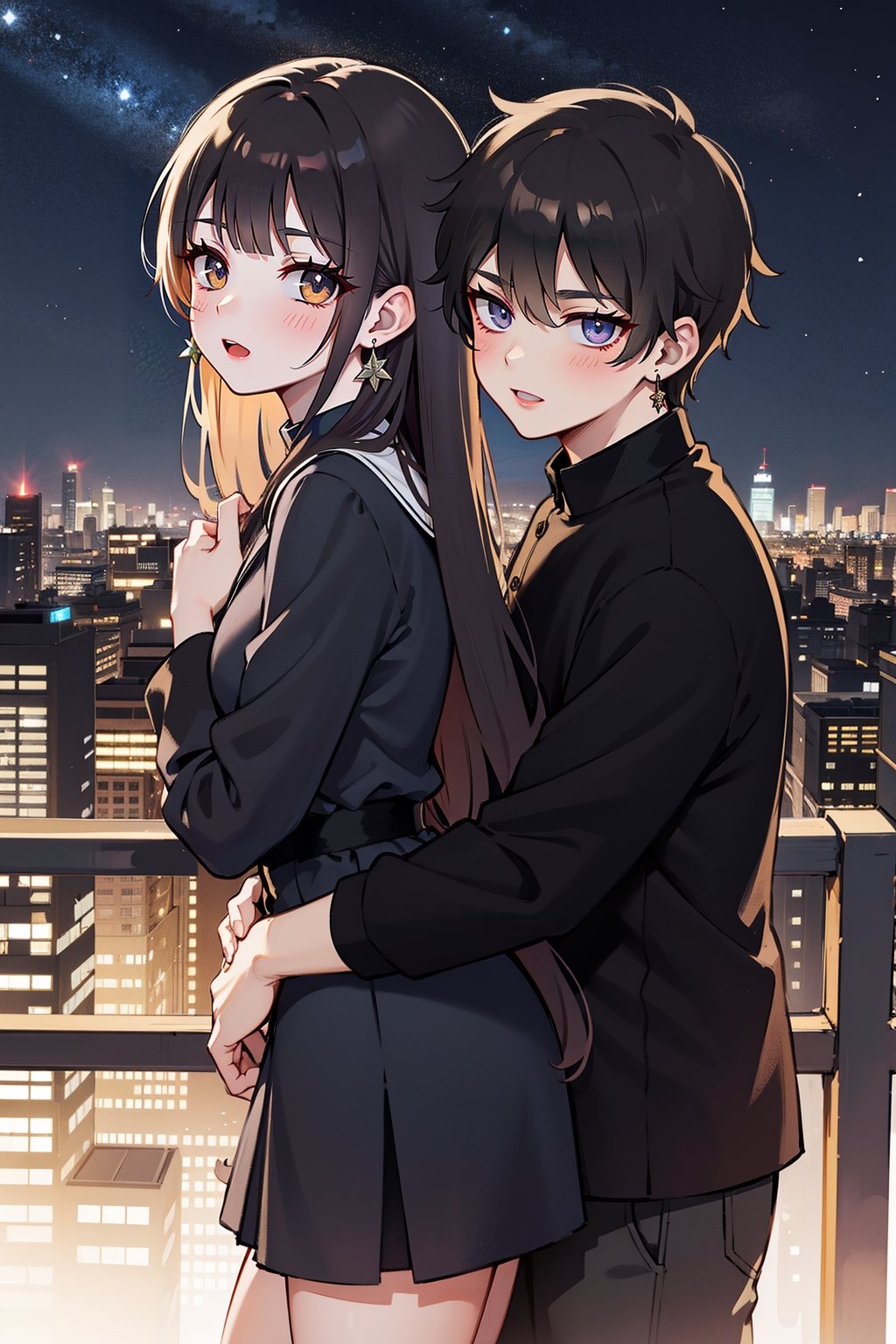 1girl, 1boy, long_hair, hug, night, black_hair, Man_hugs_girl_from_behind, shirt, hetero, looking_at_viewer, brown_hair, night_sky, couple, sky, long_sleeves, jewelry, earrings, cityscape,