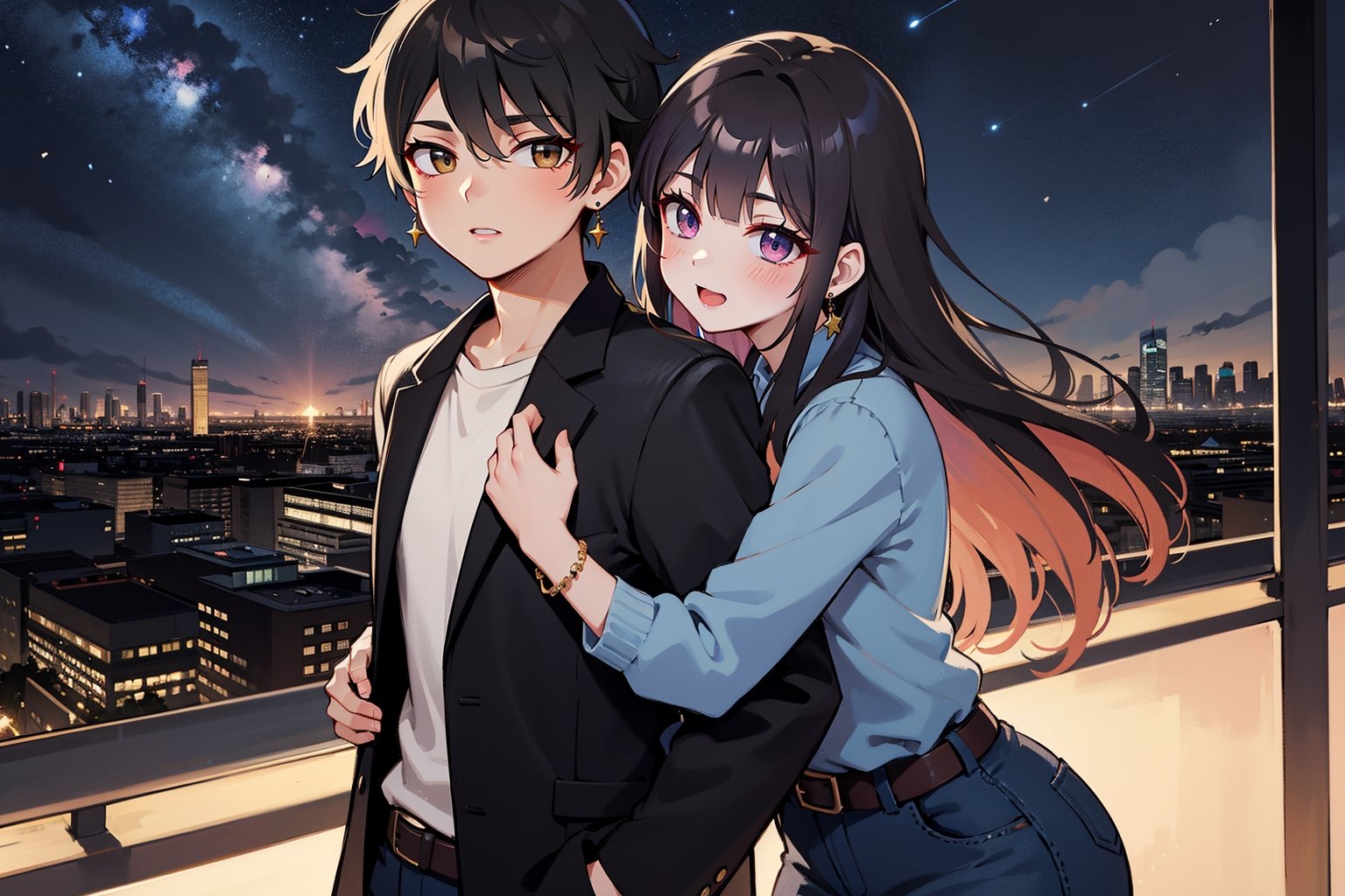 1girl, 1boy, long_hair, hug, night, black_hair, hug_from_behind, shirt, hetero, looking_at_viewer, brown_hair, night_sky, couple, sky, long_sleeves, jewelry, earrings, cityscape,