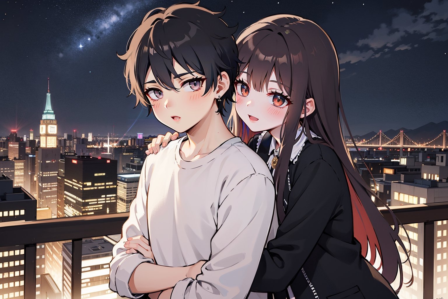 1girl, 1boy, long_hair, hug, night, black_hair, hug_from_behind, shirt, hetero, looking_at_viewer, brown_hair, night_sky, couple, sky, long_sleeves, jewelry, earrings, cityscape,