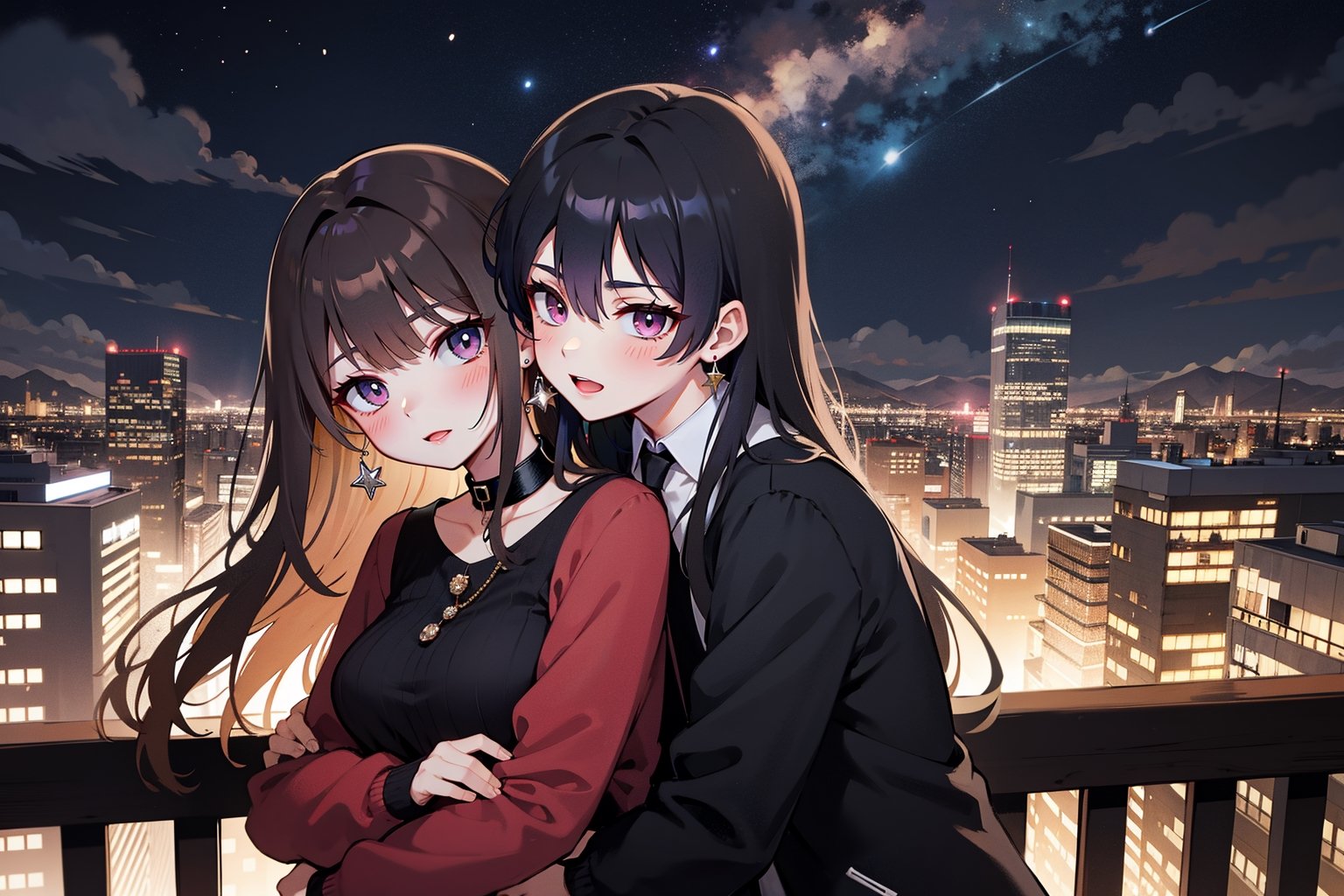 1girl, 1boy, long_hair, hug, night, black_hair, hug_from_behind, shirt, hetero, looking_at_viewer, brown_hair, night_sky, couple, sky, long_sleeves, jewelry, earrings, cityscape,