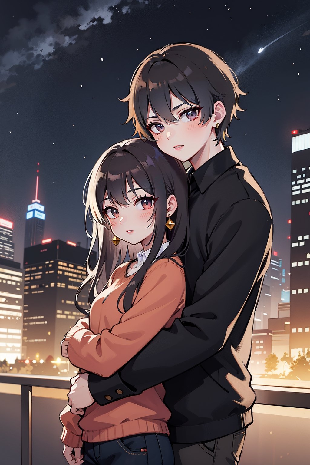 1girl, 1boy, long_hair, hug, night, black_hair, Man_hugs_girl_from_behind, shirt, hetero, looking_at_viewer, brown_hair, night_sky, couple, sky, long_sleeves, jewelry, earrings, cityscape,