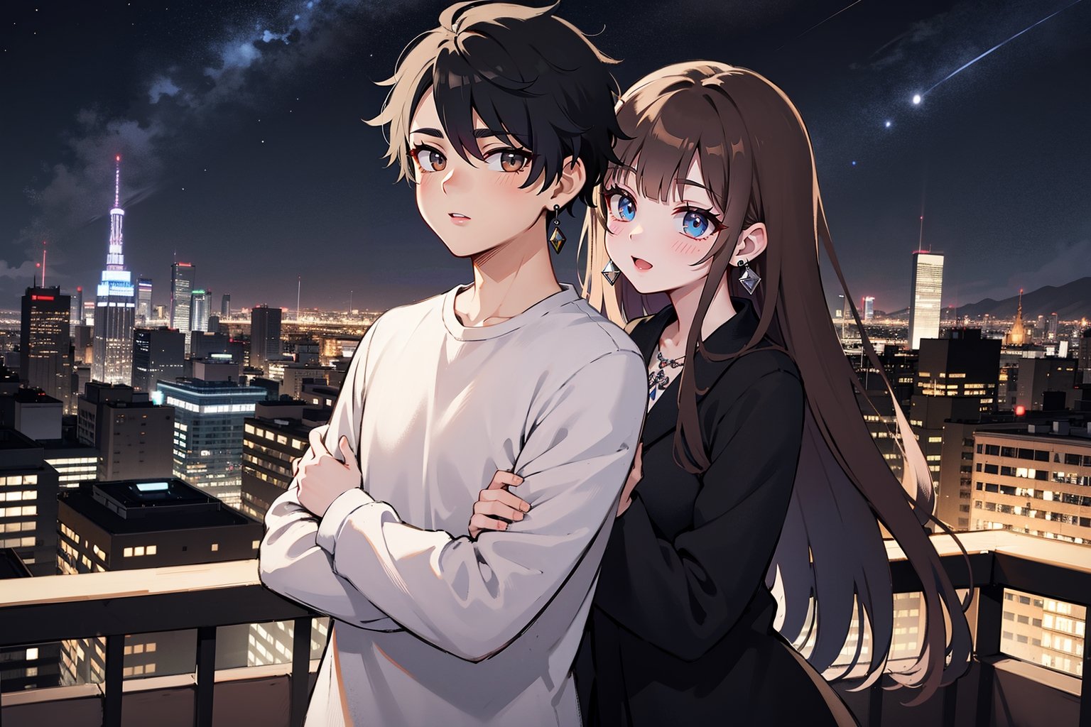 1girl, 1boy, long_hair, hug, night, black_hair, hug_from_behind, shirt, hetero, looking_at_viewer, brown_hair, night_sky, couple, sky, long_sleeves, jewelry, earrings, cityscape,