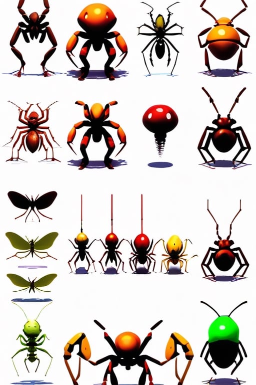 Professional game assets sheet for first person shooter game. Game enemies, 3d style, renders, anime, alien, infestion, insect, humanoid, warrior, flat white background, good quality, detailed, Pixel Art, t-pose, game art, front view, low poly, retro, psx, dark colors, doom, quake, hexen