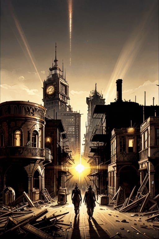 sun is shining on a devastated steampunk city