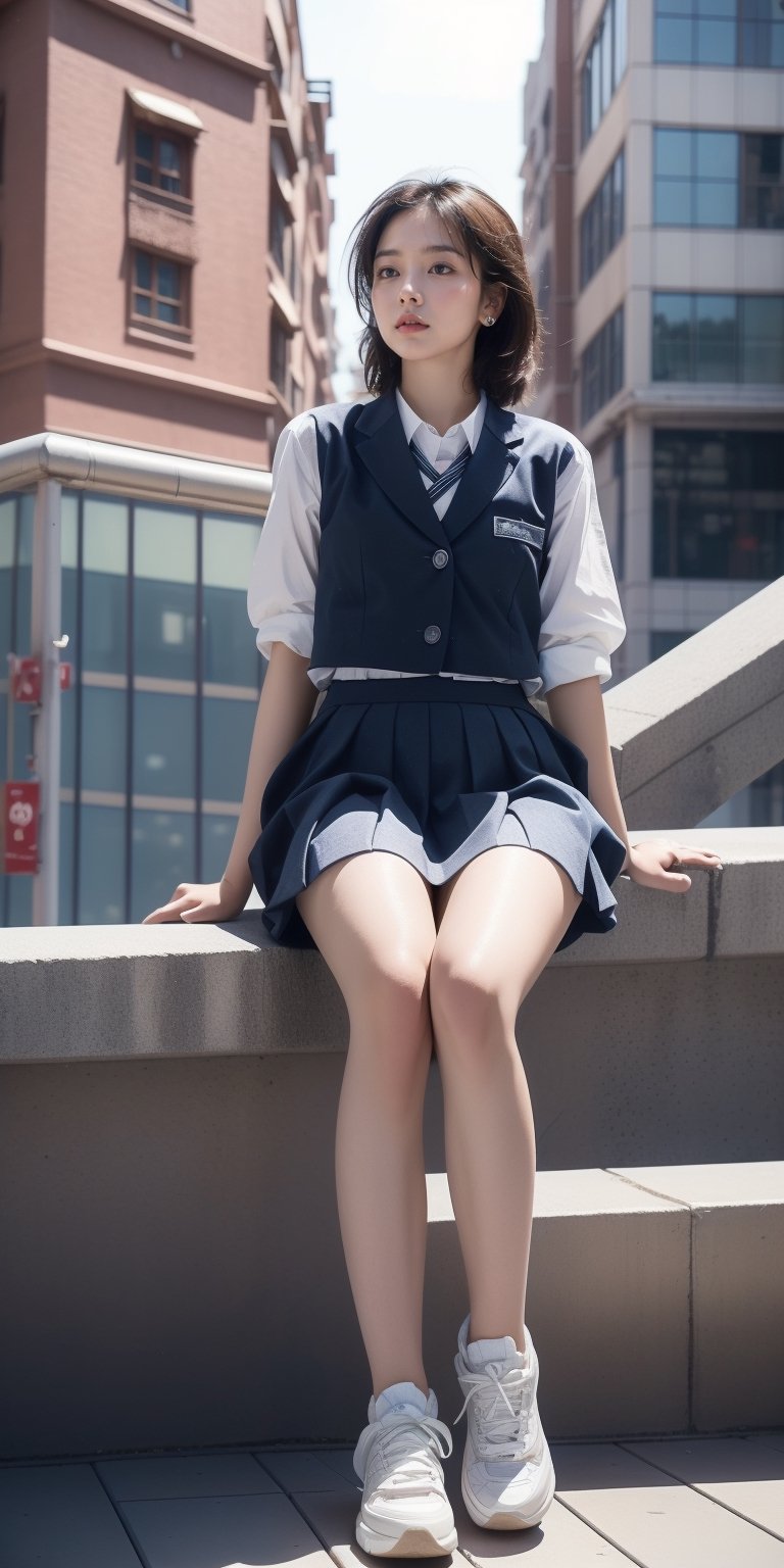 17yo little Japanese girl,1girl, slim figure ,brown blonde hair, short straight hair, tossing hair ,( Hair floating in the air) ,Japanese schools uniform ,sneakers, hot body, sit on the steps ,sitting on stairs ,outside,outdoor,Japanese old stree, Showing thighs, falling_snow ,(snowing), accessories(necklace,ear_rings), Best Quality, 32k,colorful,photorealistic, ultra-detailed, finely detailed, high resolution, perfect dynamic composition, beautiful detailed eyes, sharp-focus, cowboy_shot, Beautiful face, 8K, HDR, masterpiece, hyper-realistic, a little lolicon tween girl with a hot body, sensual, seductive, petite,cute, lolicon.Erotic images by David Dubnitskiy,micro miniskirt,Tomboy,short hair,more detail ,cute_girl,1 girl ,school uniform,tight mini skirt,pornstar