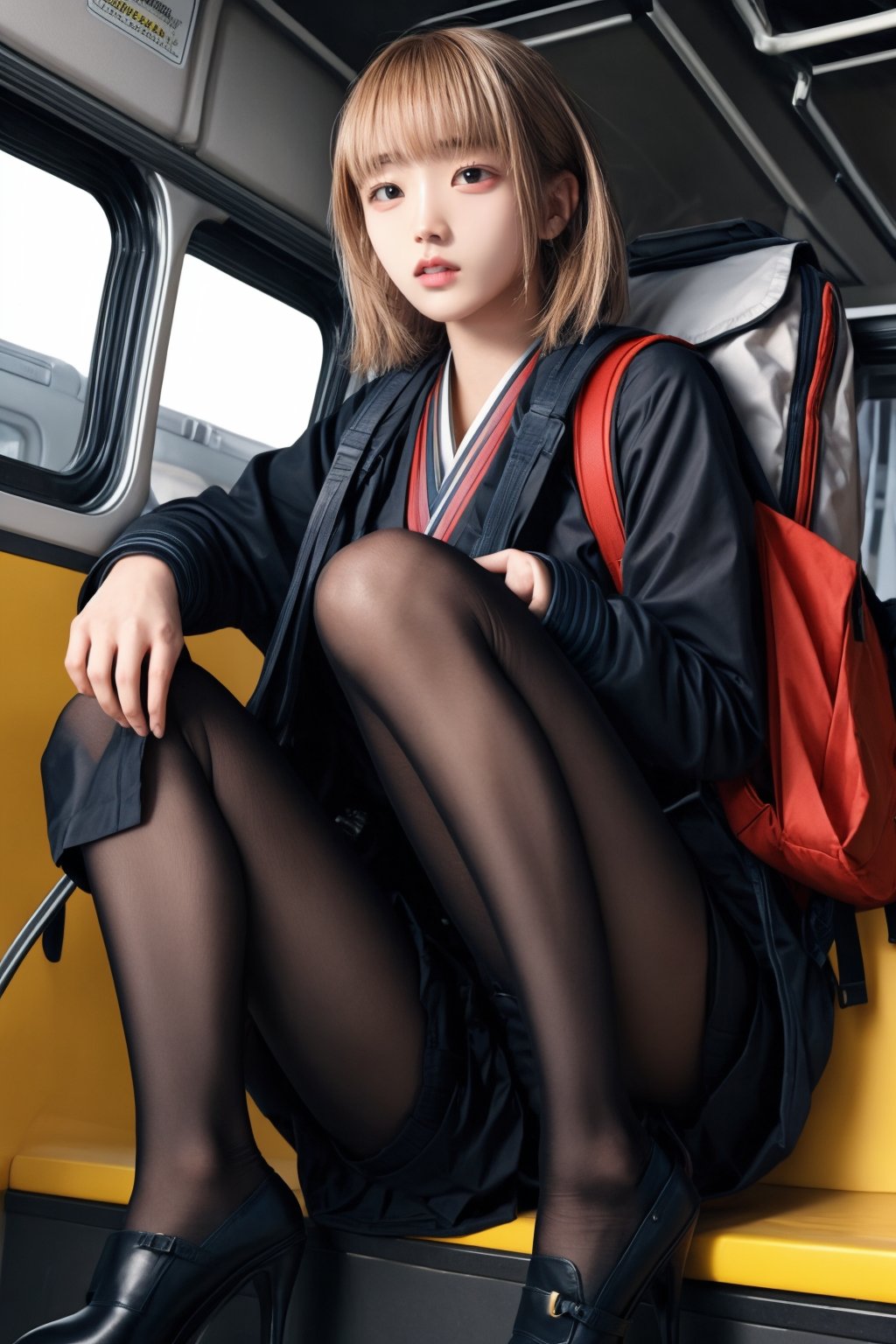 1 girl, beautiful face, face focus, solo, thighs, high heels, tight secretary skirt, looking at viewer, bag, sitting, skirt, backpack, blond hair, jacket, train interior, up skirt, long hair, bangs, lips parted, office uniform, cameltoe, more details, Secretary_uniform,high heels, stockings,black pantyhose,japanese girl, ,black_footwear,girl,kathrynnewton,leg_spread,knees up and sitting