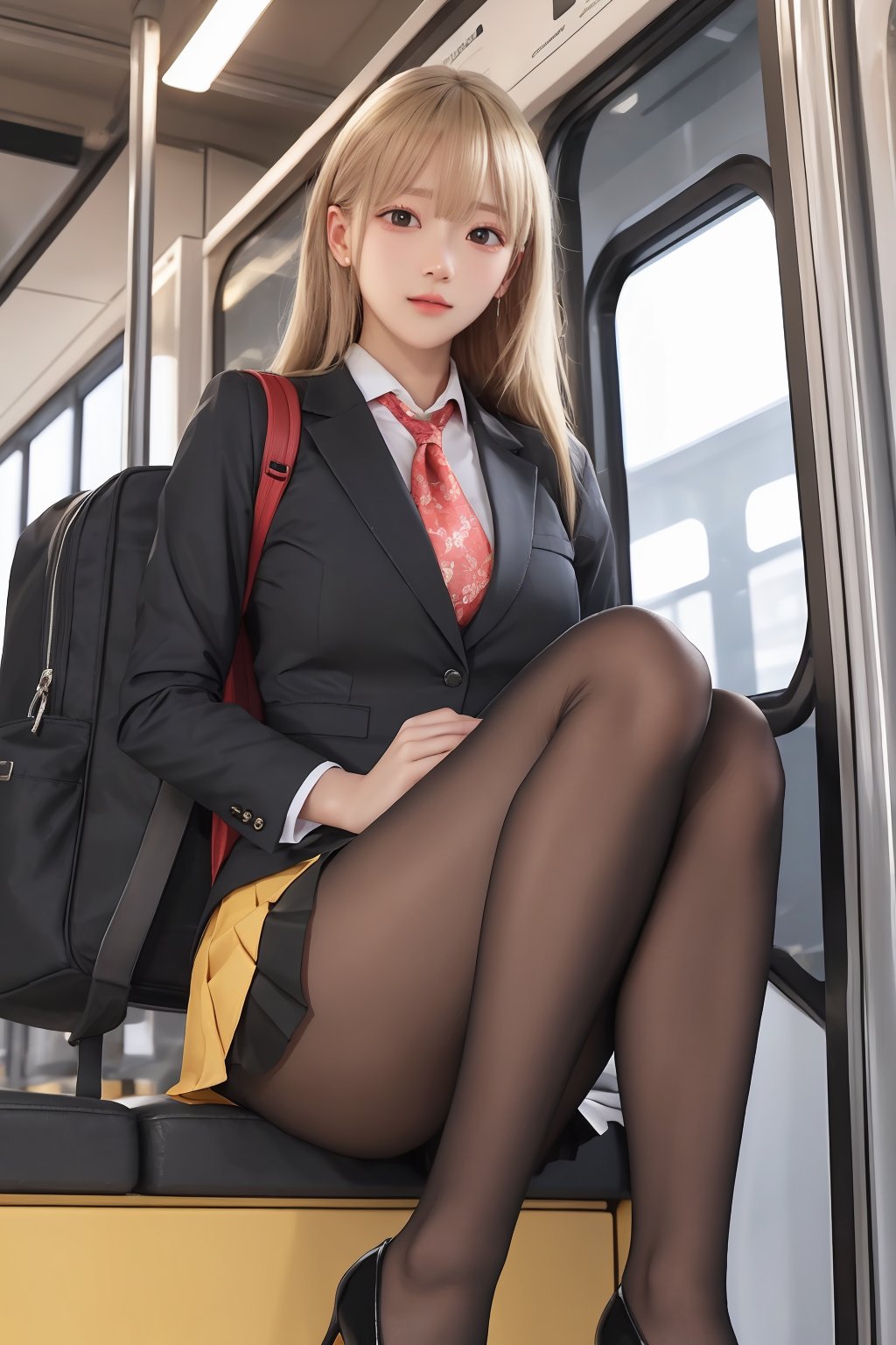 1 girl, beautiful face, face focus, solo, thighs, high heels, tight secretary skirt, looking at viewer, bag, sitting, skirt, backpack, blond hair, jacket, train interior, up skirt, long hair, bangs, lips parted, office uniform, cameltoe, more details, Secretary_uniform,high heels, stockings,black pantyhose,japanese girl, ,black_footwear,girl