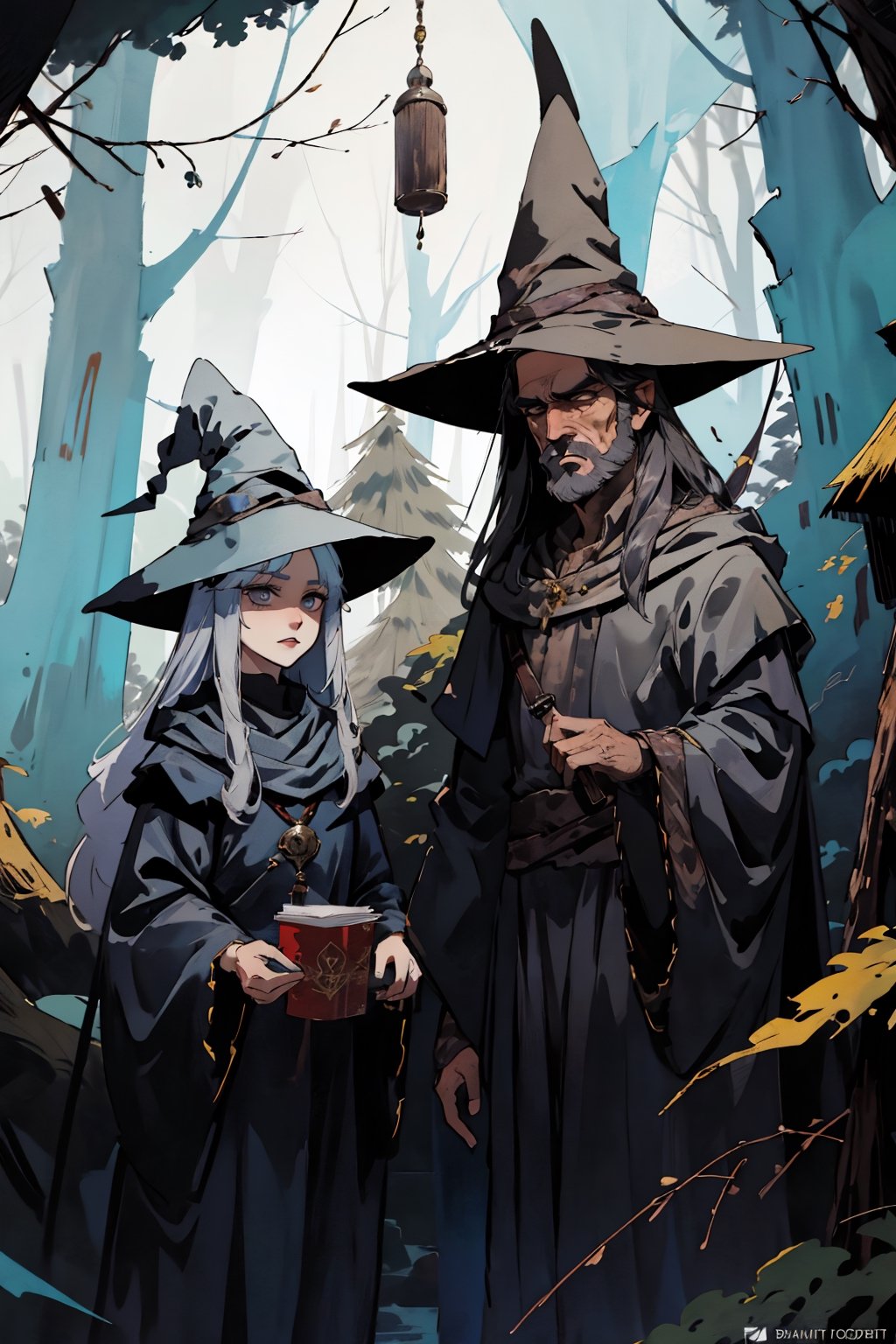 Create an image of two fantasy wizards in a very detailed dark forest setting, in front of a cabin. The wizards should be wearing long robes and pointy hats. Their robes should be adorned with intricate patterns and symbols, reflecting their magical abilities. The wizards should be standing in front of a rustic forest cabin made of wood. The cabin should have a mysterious and enchanting vibe, with details such as creeping vines, a thatched roof, and a welcoming glow emanating from its windows.

Please focus on capturing the facial expressions and unique features of the wizards. One wizard, a man named AB, should have a stoic expression, with long dark hair and a beard stubble, while the other, a girl named CD, should have a happy and playful expression, having blck long hair.

face, nodf_lora, dark_fantasy, cowboy_shot