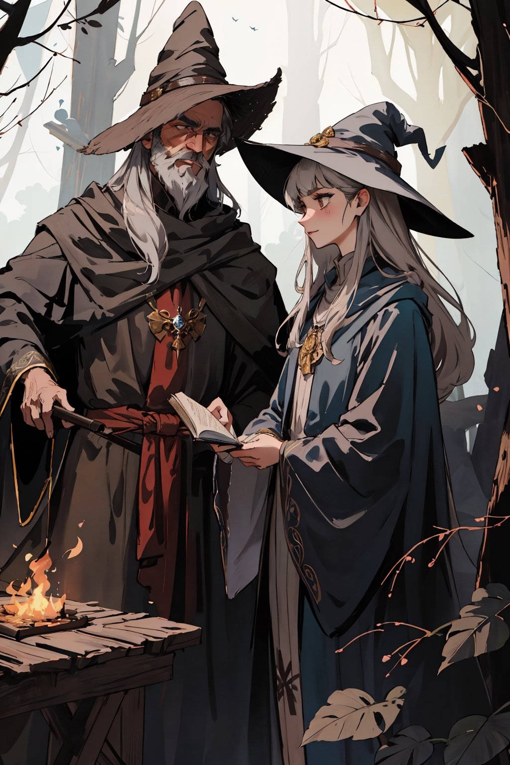 Create an image of two fantasy wizards in a forest setting. The wizards should be wearing long robes and pointy hats. Their robes should be adorned with intricate patterns and symbols, reflecting their magical abilities. The wizards should be standing in front of a rustic forest cabin made of wood. The cabin should have a mysterious and enchanting vibe, with details such as creeping vines, a thatched roof, and a welcoming glow emanating from its windows.

Please focus on capturing the facial expressions and unique features of the wizards. One wizard, a man named AB, should have a neutral expression, with long grey hair and a beard stubble, while the other, a girl named CD, should have a happy and playful expression, having brown long hair. Their faces should display the wisdom and power associated with experienced wizards.

 cowboy_shot, face, nodf_lora