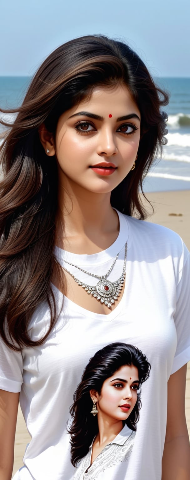 Aerial view,  
create a artistic image of a beautiful woman like movie actrress late divya bharti with free hair walking on beach wearing an intricately designed short big neck white Tshirt full lenght ultradetailed ultrarealistic face, 8kUHD,  close-up , Extremely Realistic, 