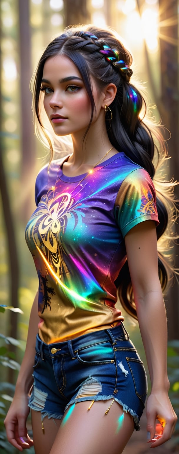 Aerial view,  
create a artistic image of a beautiful woman with free hair walking in the woods wearing an intricately designed Tshirt and shorts,  
ultradetailed ultrarealistic face,  Harrison fisher style, her body is covered in sleek coloful iridescent oil with glowing fractal elements,
 work of beauty and inspiration,  8kUHD,  close-up , Extremely Realistic,  golden hour,  long iridescent black hair in a braid,  flare and glowing particles background , colorful,  golden jewelry,