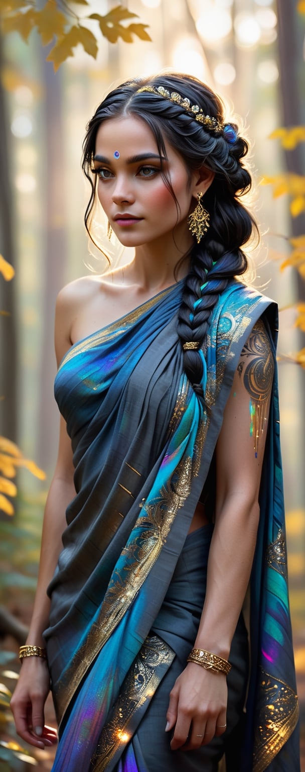 Aerial view,  
create a artistic image of a beautiful woman with wet hair walking in the woods wearing an intricately designed (azure/charcoal gray) sari,  
her body is covered in sleek coloful iridescent oil with glowing fractal elements,  
ultradetailed ultrarealistic face,  Harrison fisher style, 
 work of beauty and inspiration,  8kUHD,  close-up , Extremely Realistic,  golden hour,  long iridescent black hair in a braid,  flare and glowing particles background , colorful,  golden jewelry,