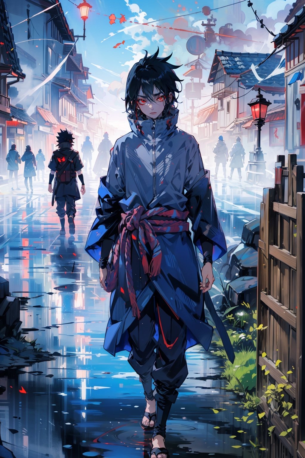 1boy, sasuke uchiha, ((red eyes)), dramatic, 8k, full body, highres, walking alone in an empty village with no other people in it 
