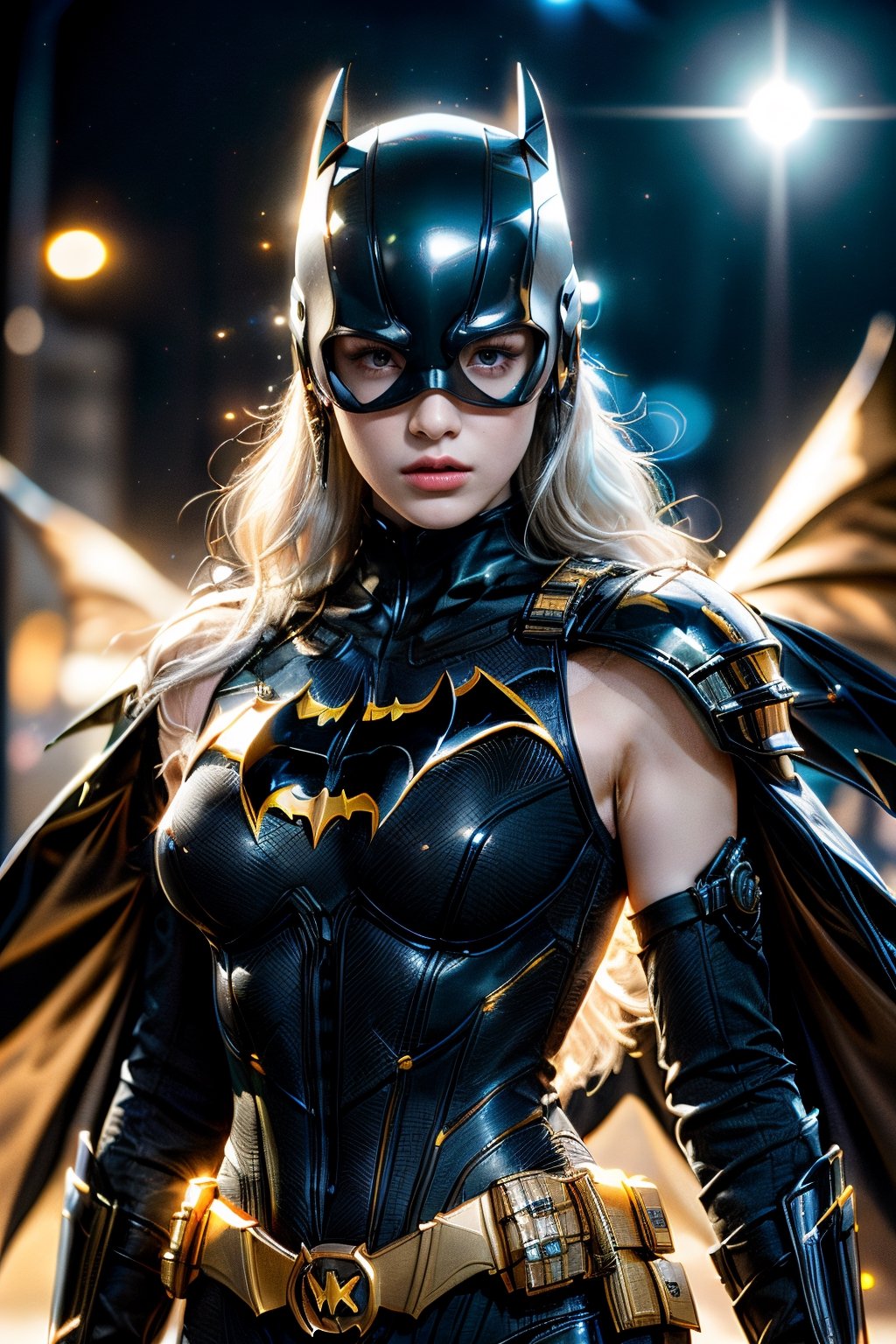 (perfect prompt word,exquisite texture in every detailfinely detailed,highres 32k wallpaper,(HDR:1.4),(Vivid Color:1.4),ultra highres,masterpiece,ultra realistic，The atmosphere is captured in high grain, reminiscent of ISO 800 film with wide angle.real girls, photorealistic，REALISM)，
((Batgirl suit)),
((covered nipples)),
curvy,
dou,
full armor,
glowing halo,
humanoid robot,
kabuto (helmet),
kusazuri,
looking at viewer,
solo,
split theme,
suneate,
((white and black armor),(shoulder armor),(pauldrons),(japanese armor)),
((white eyes),(glowing eyes)),
((white hair),(very long hair),(floating hair)),