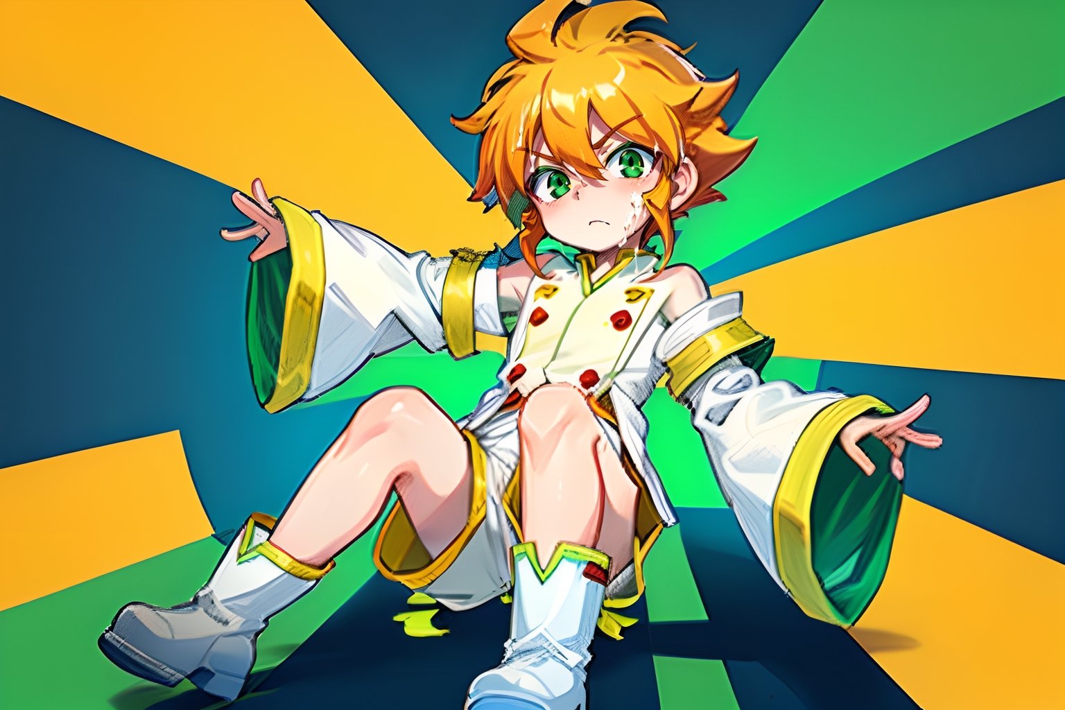 yutendo, 1boy, solo, yellow shirt, white tunic (sky blue sleeve ends), green eyes, orange hair, fluffy hair, pale skin, white shorts (knee-length), lapels with lime green markings, white boots,apathetic face, looking atviewer, best quality, amazing quality Desnudo, Bukkake