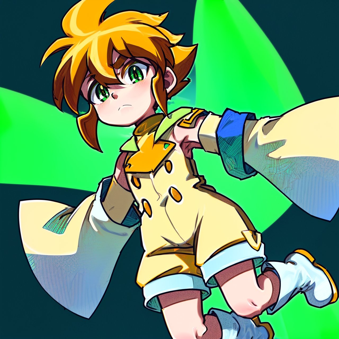 yutendo, 1boy, solo, yellow shirt, white tunic (sky blue sleeve ends), green eyes, orange hair, fluffy hair, pale skin, white shorts (knee-length), lapels with lime green markings, white boots (mid-calf length),apathetic face, looking atviewer, best quality, amazing quality , Nude , Nudity ,