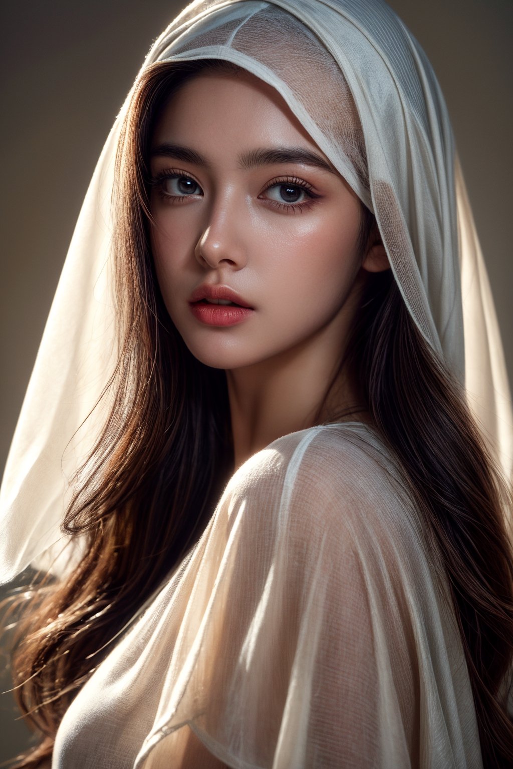 a photorealistic portrait of a stunningly beautiful woman without make-up, extremely detailed light hazel eyes, detailed symmetric realistic face, natural skin texture, extremely detailed skin with skin pores, peach fuzz, messy hair, wearing shawl over her head, masterpiece, absurdres, award winning photo by lee jeffries, nikon d850 film stock photograph, kodak portra 400 camera f1.6 lens, extremely detailed, amazing, fine detail, rich colors, hyper realistic lifelike texture, dramatic lighting, unrealengine, trending on artstation, cinestill 800 tungsten, looking at the viewer, photo realistic, RAW photo, TanvirTamim, high quality, highres, sharp focus, extremely detailed, cinematic lighting, 8k uhd