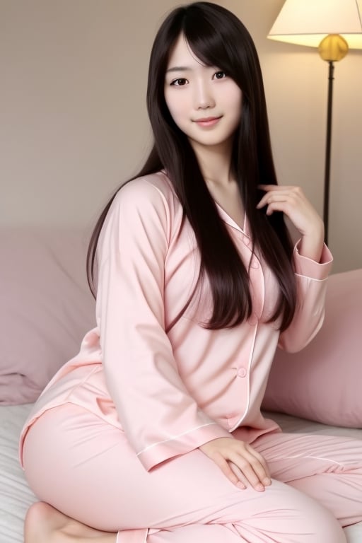 Japanese girl with long hair and a sexy plump body wearing light pink pajamas.
